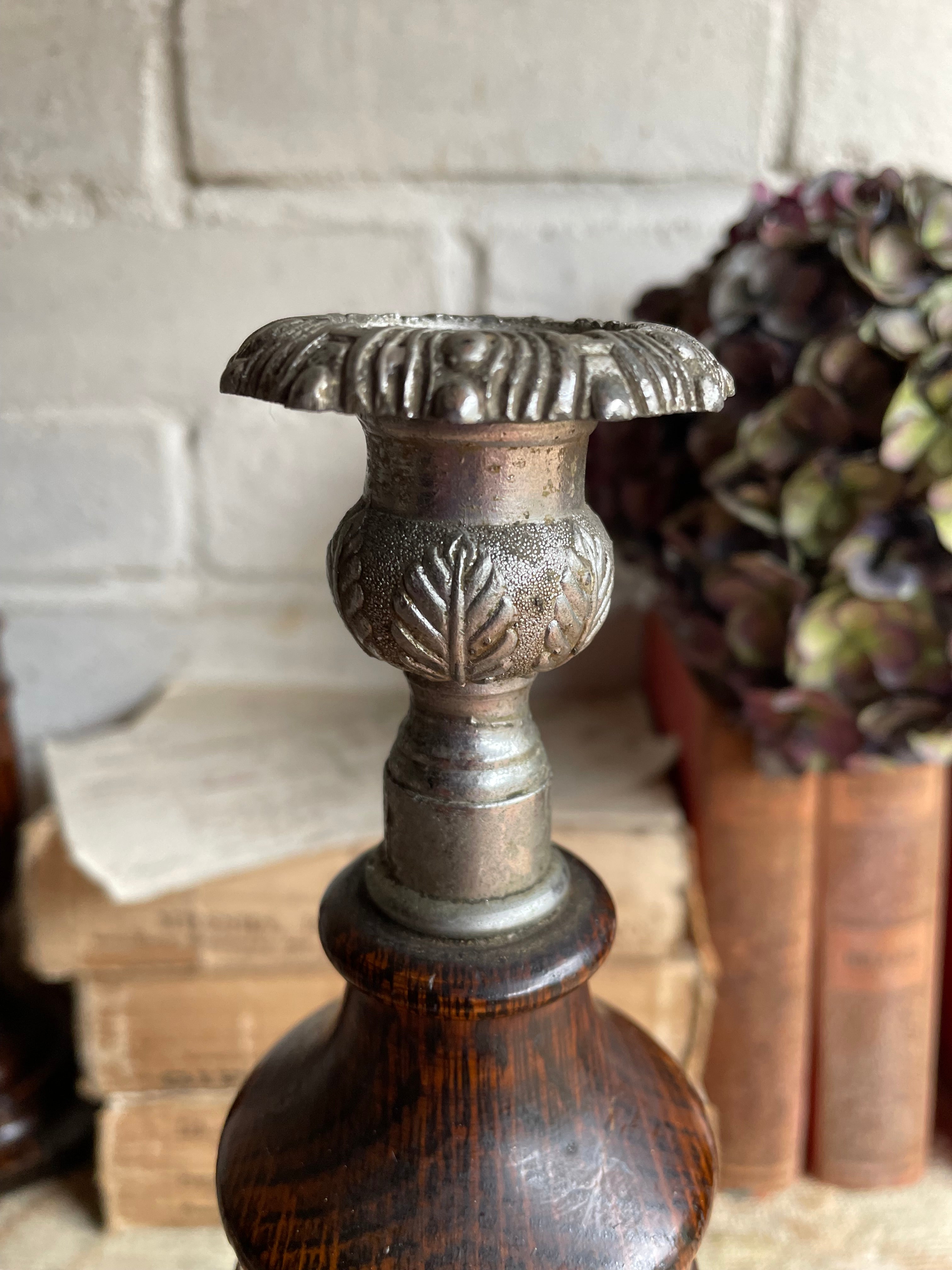 Early 1900s Oak & Silver Plate Wooden Candlesticks. Were £50 now £32.50 at checkout