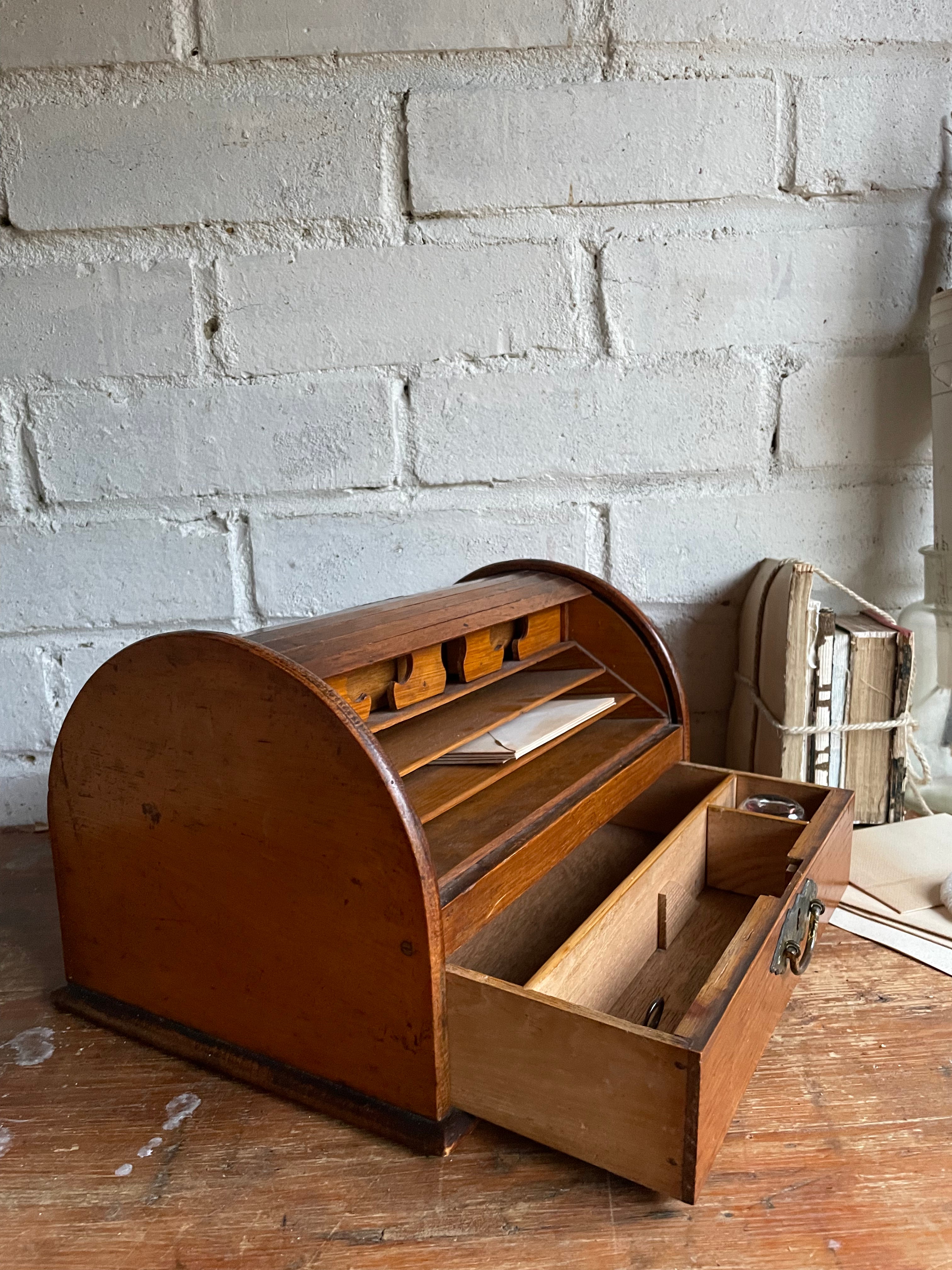 19th Century Oak Tambour Roll Top Stationary Cabinet