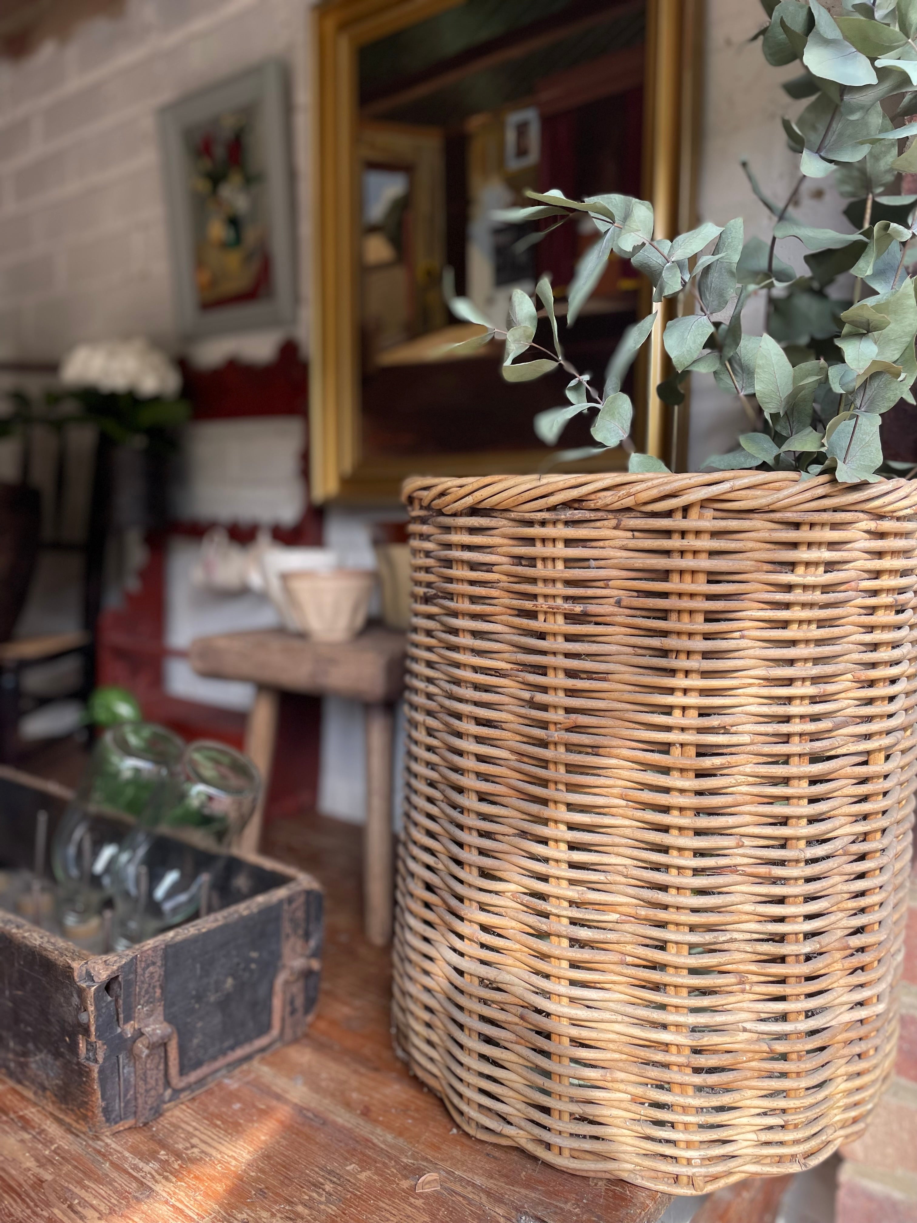 Tall Vintage French Rattan Basket