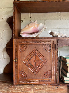 Arts & Crafts Wall Hanging Shelves with Carved Door Circa 1910