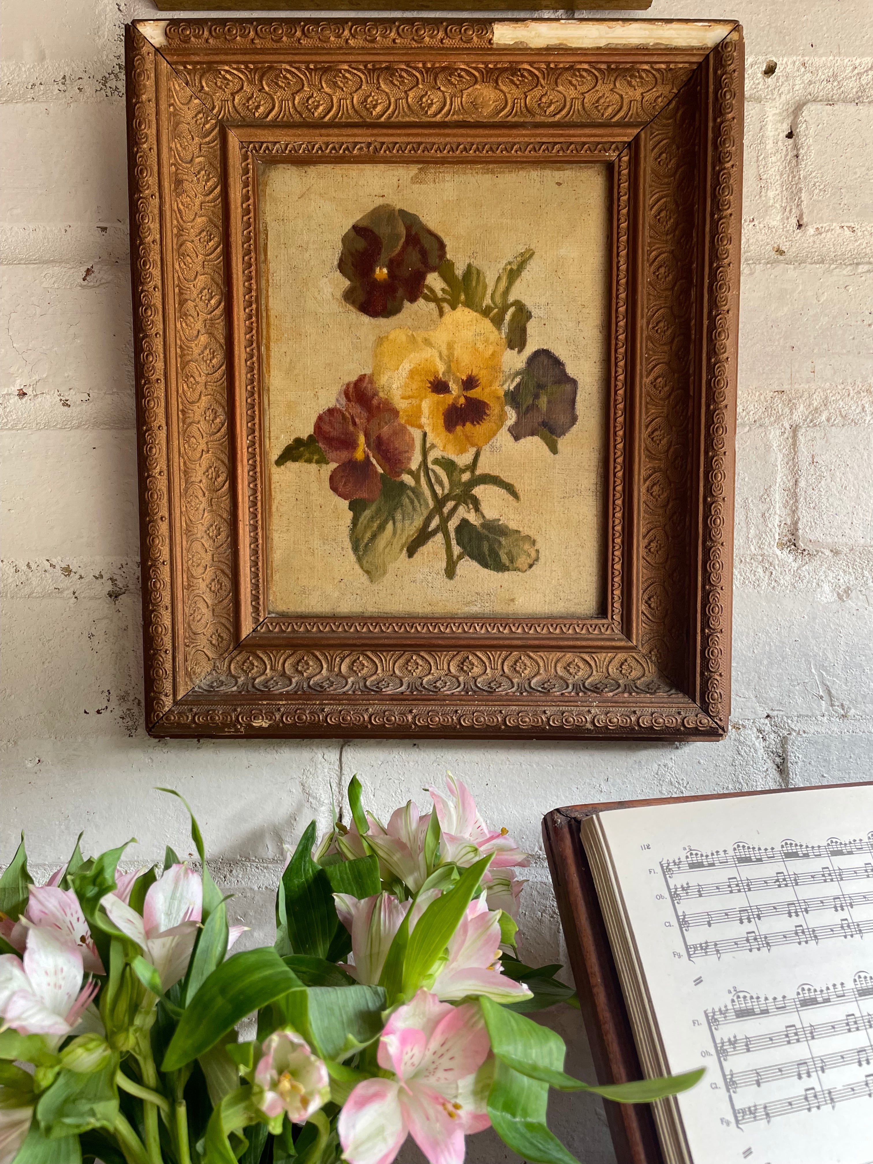 Early 1900s Still Life of Pansies: Antique Oil on Hessian Canvas