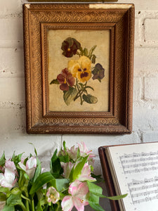 Early 1900s Still Life of Pansies: Antique Oil on Hessian Canvas