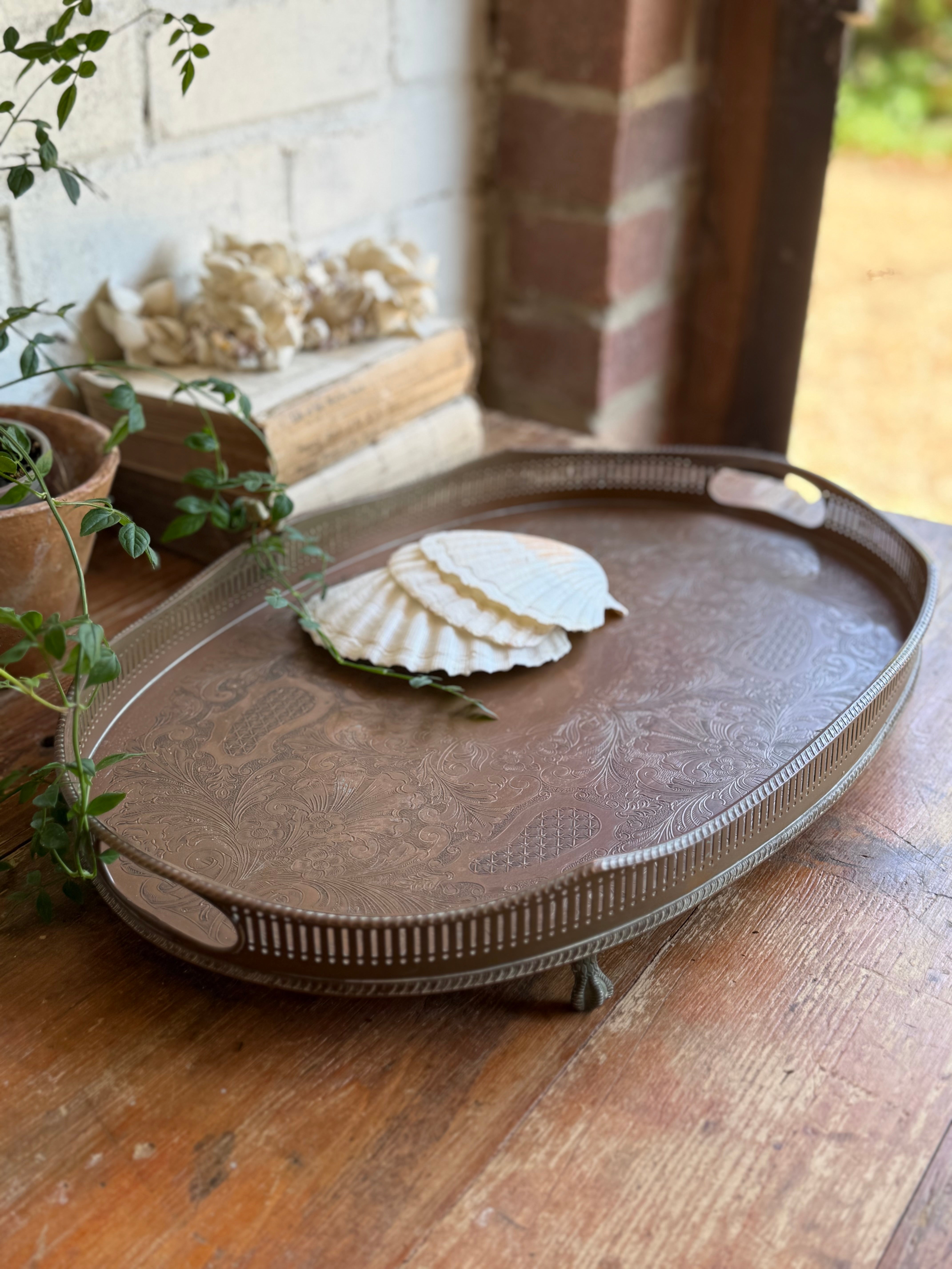 Early 20th Century Engraved Silver Plate on Copper Gallery Tray