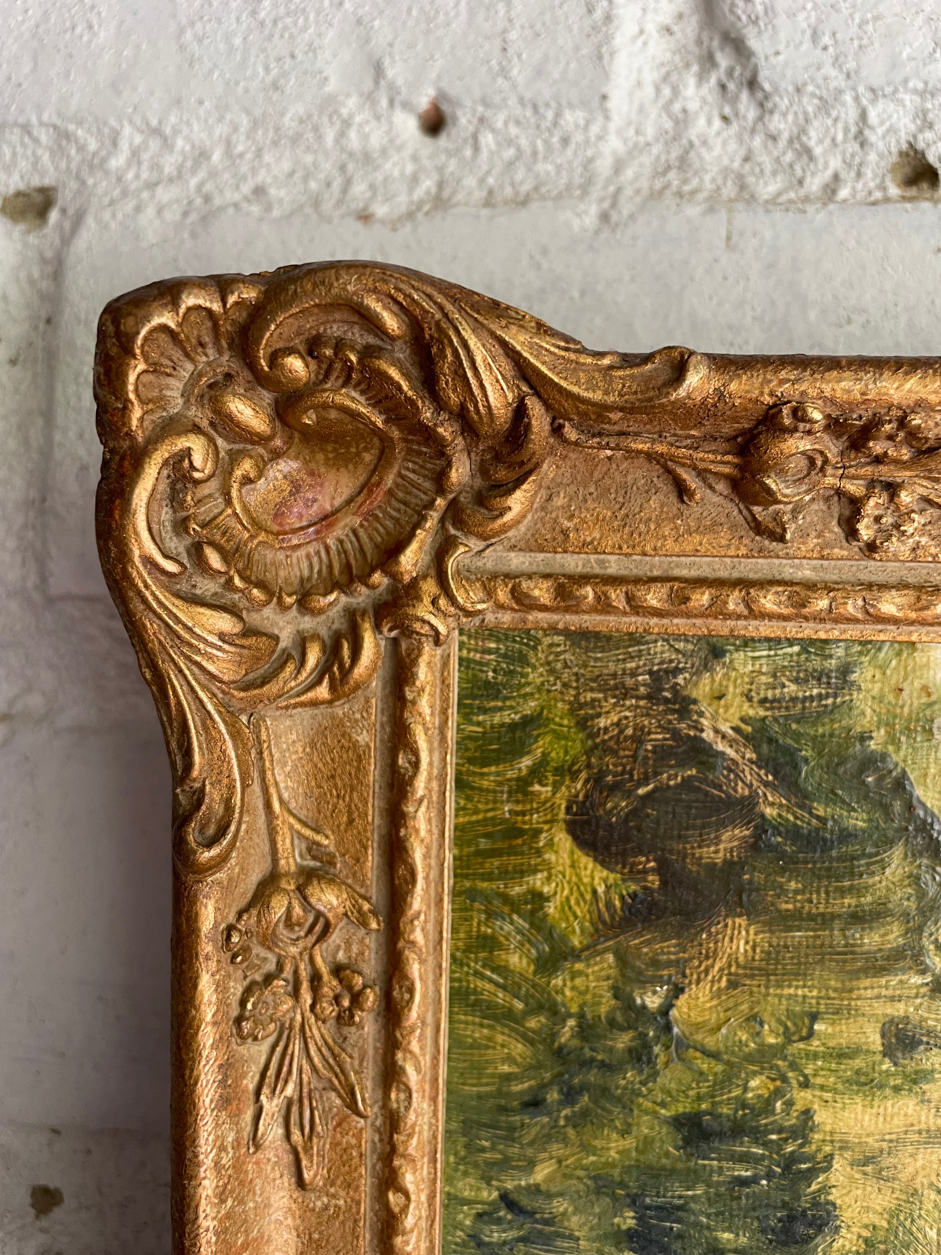 Steps to the River: Mid-20th Century Oil on Board with Gilt Frame