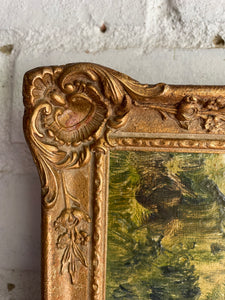 Steps to the River: Mid-20th Century Oil on Board with Gilt Frame