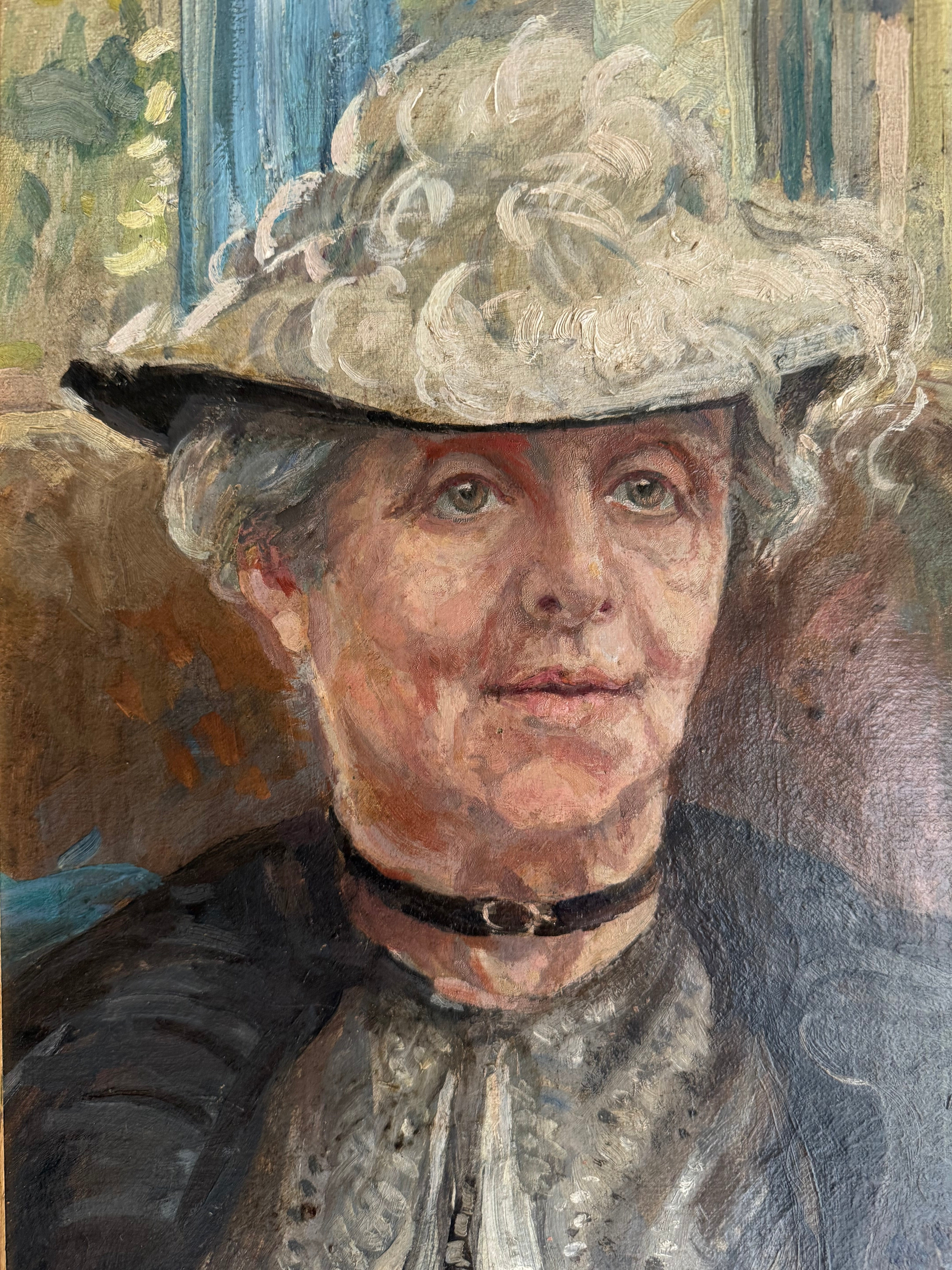 The Lace Hat: Early 20th Century Oil on Canvas with Red Velvet Frame