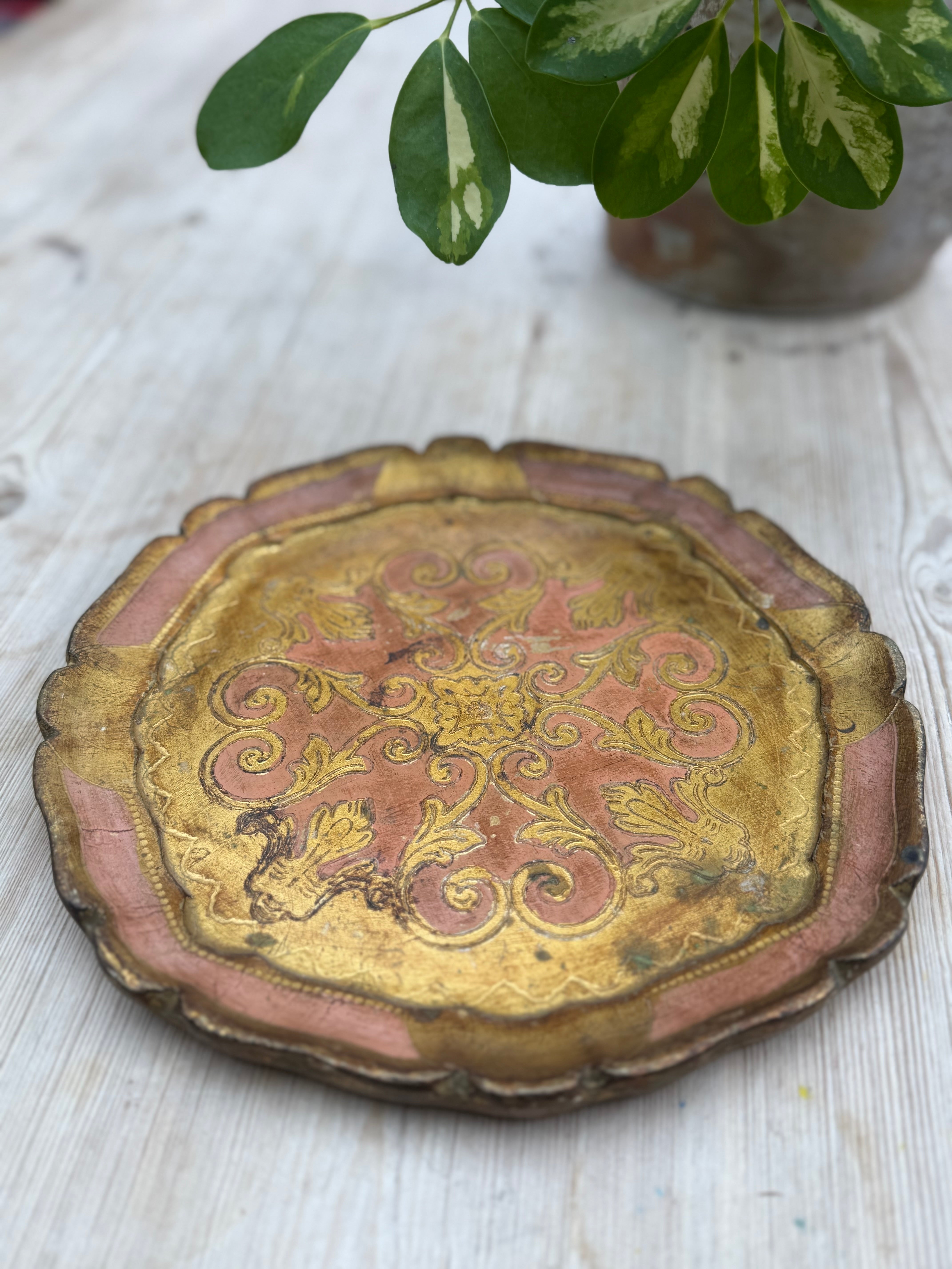 Small Pink Florentine Vintage Wood Gilt Tray