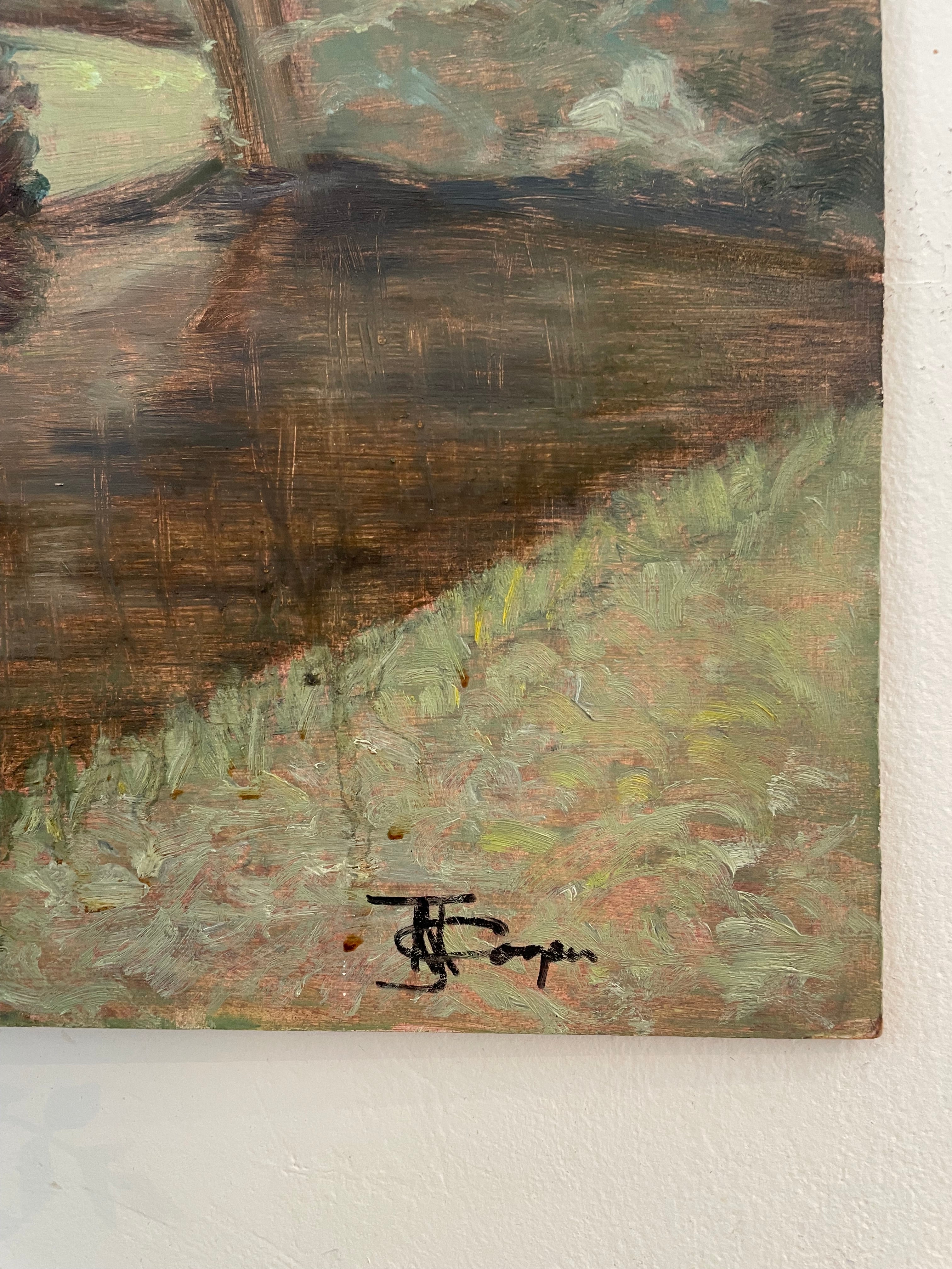 Waterside Reflection: Signed Oil on Board