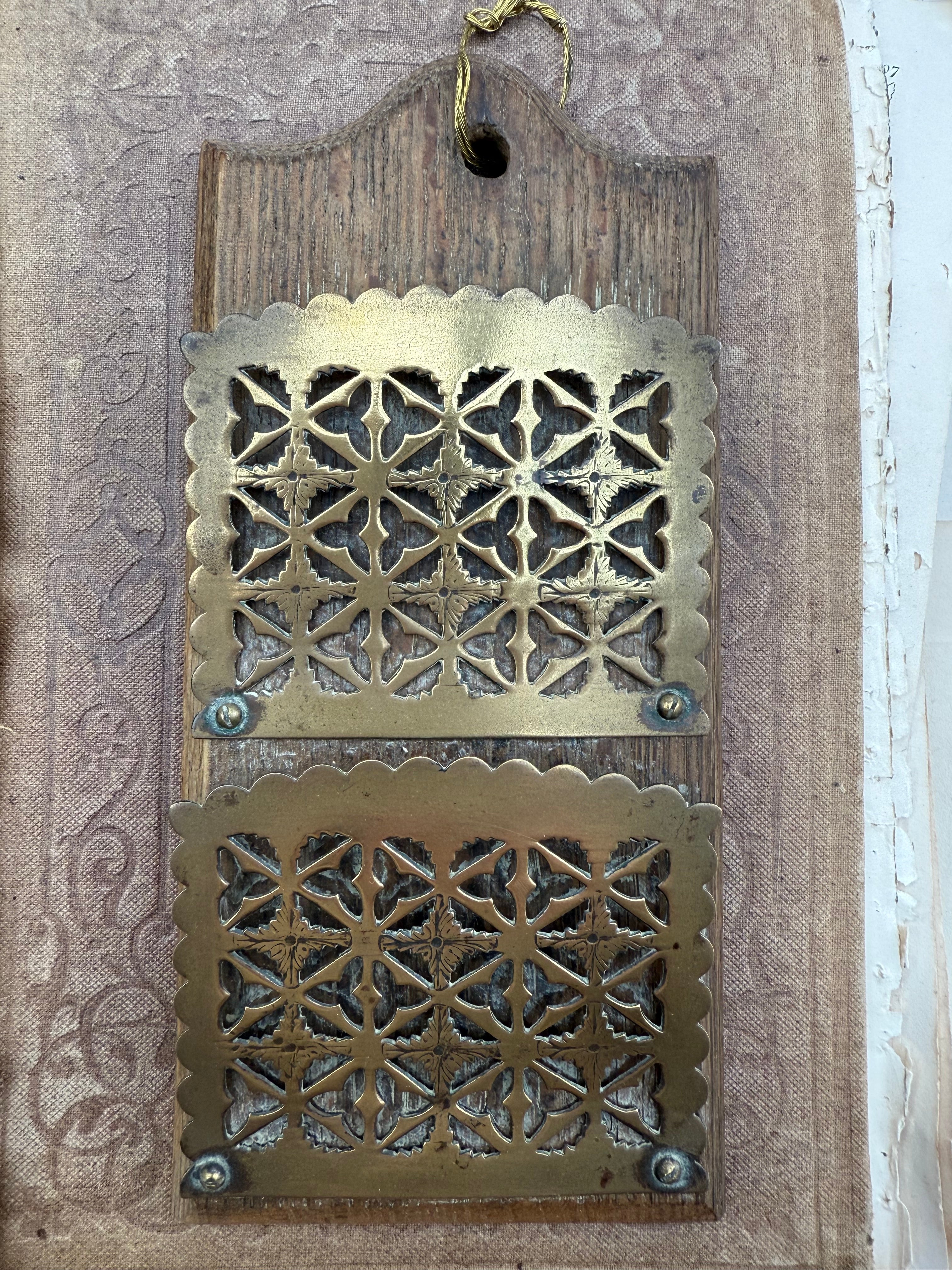 Antique Oak and Brass Wall Hanging Letter Rack