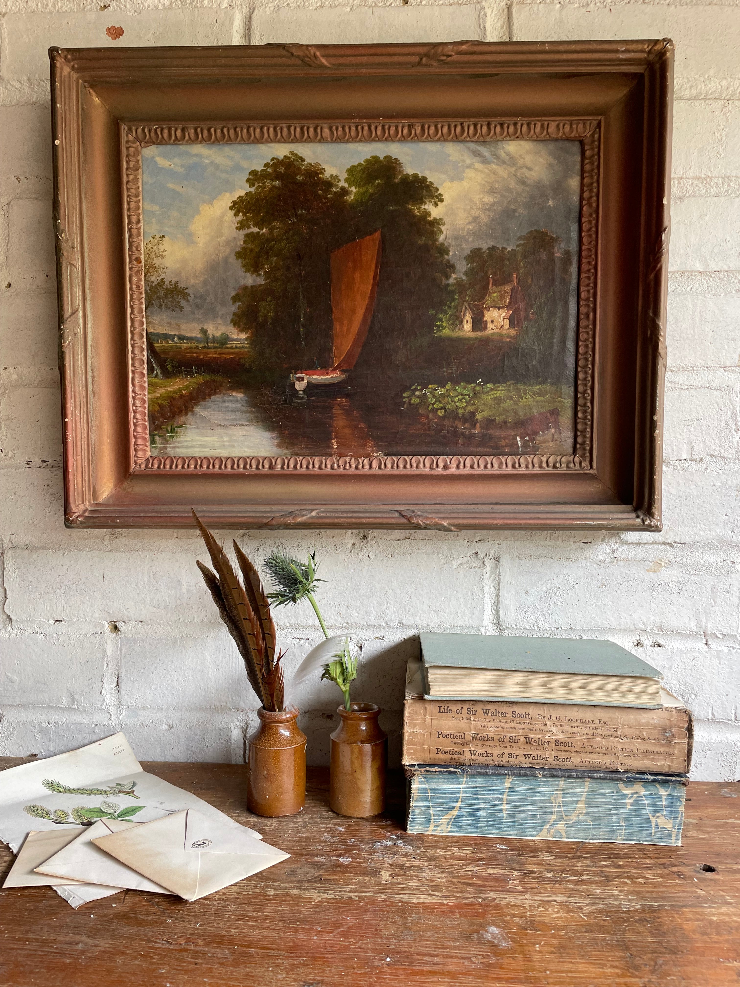 19th Century Oil on Canvas “Rural Landscape with Sailing Boat"