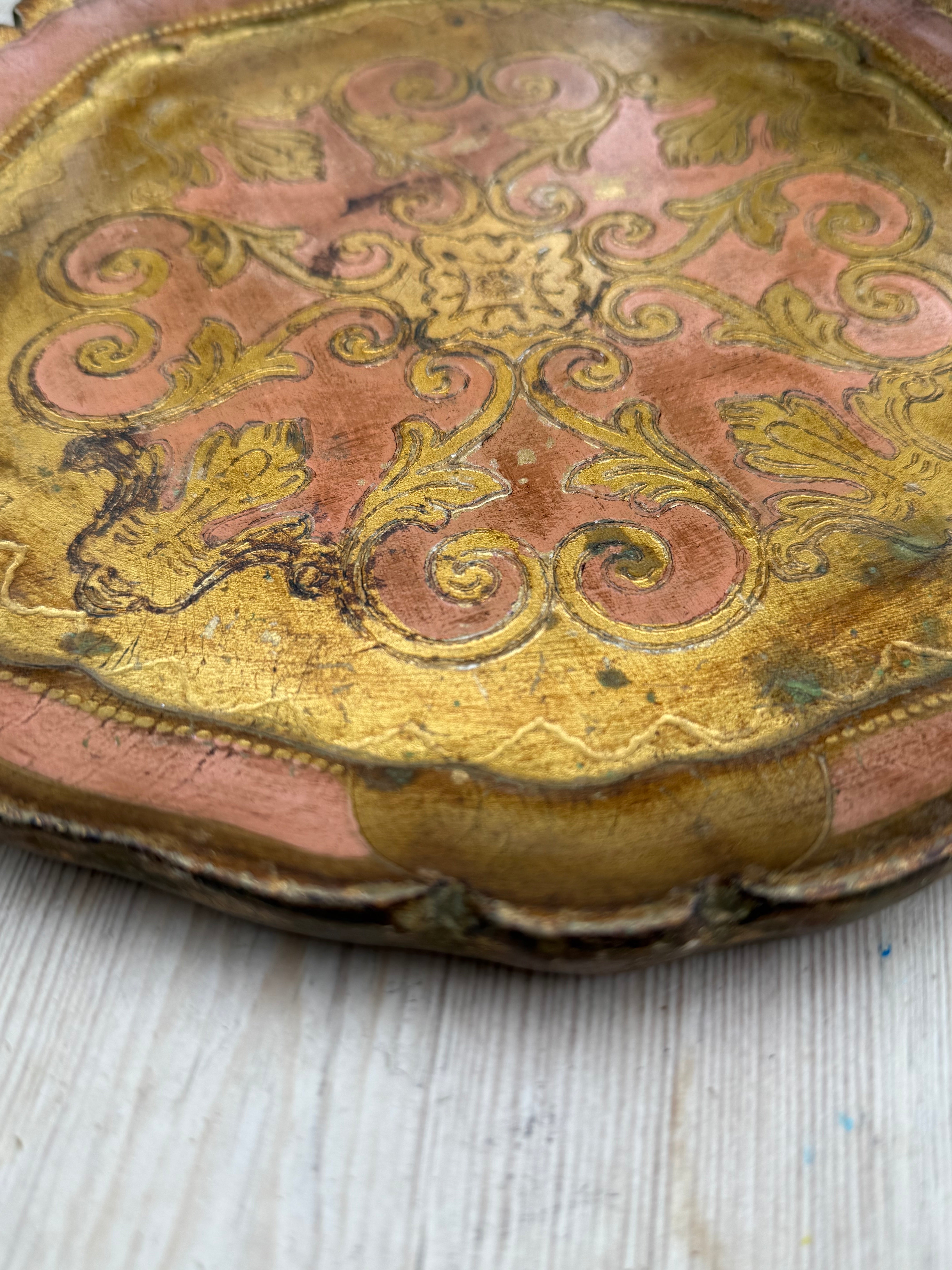 Small Pink Florentine Vintage Wood Gilt Tray