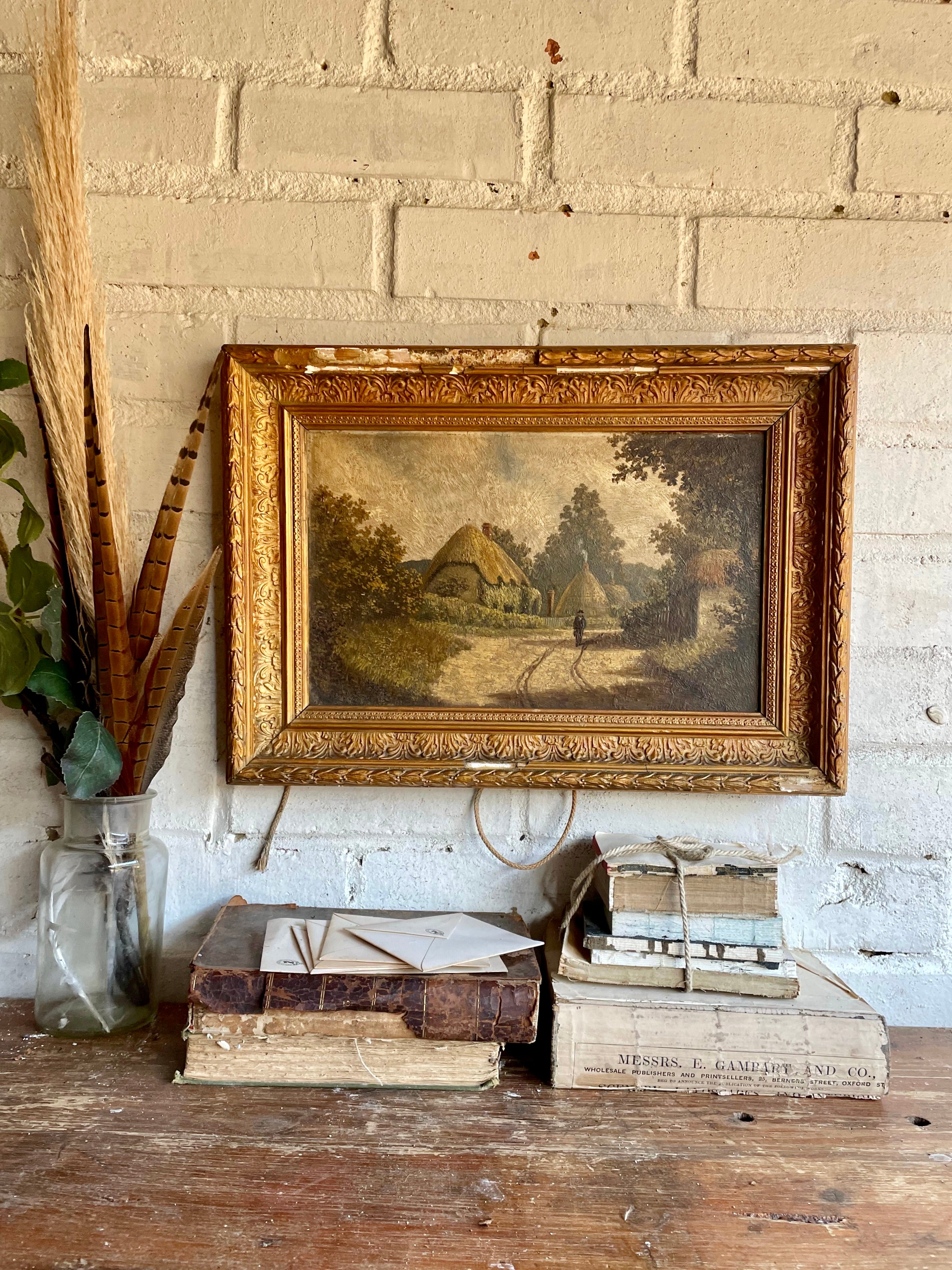 Thatched Cottages: 19th Century Oil on Board