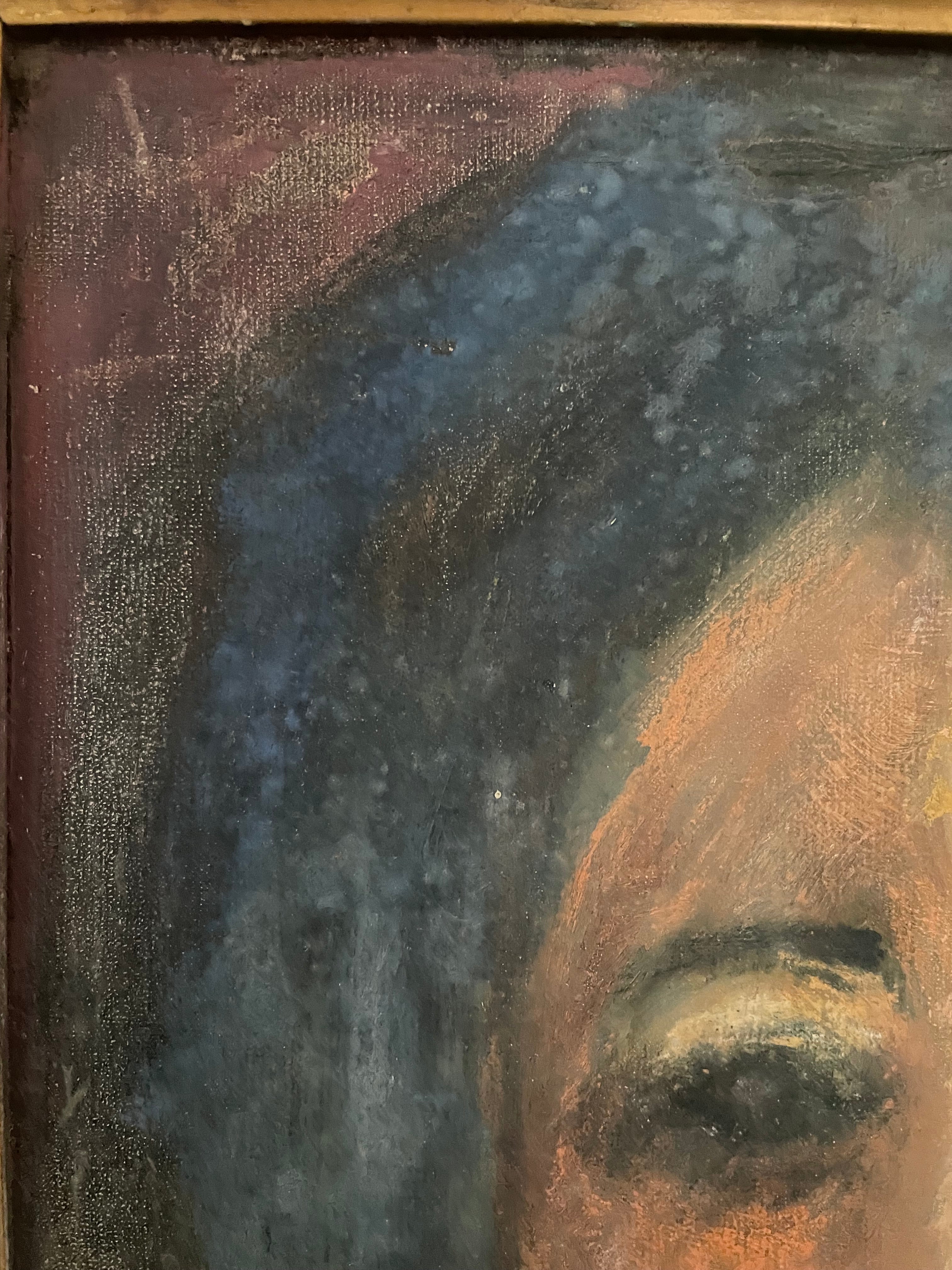 Impressionist Style Portrait with Feather Cape: Mid 20th Century Oil on Board