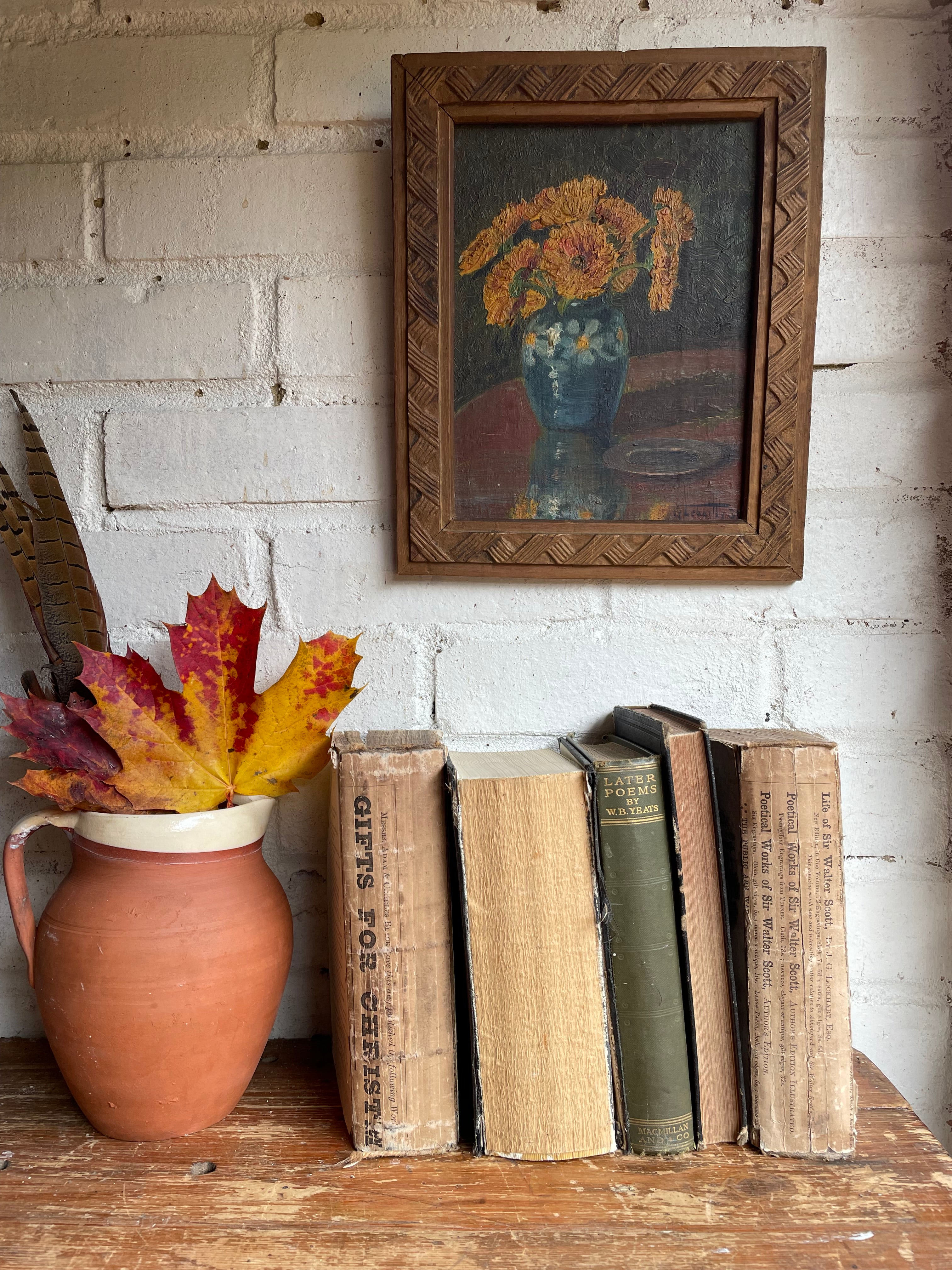 Still Life with Crysanthemums: 1930s French Oil on Board with Original Carved Wooden Frame