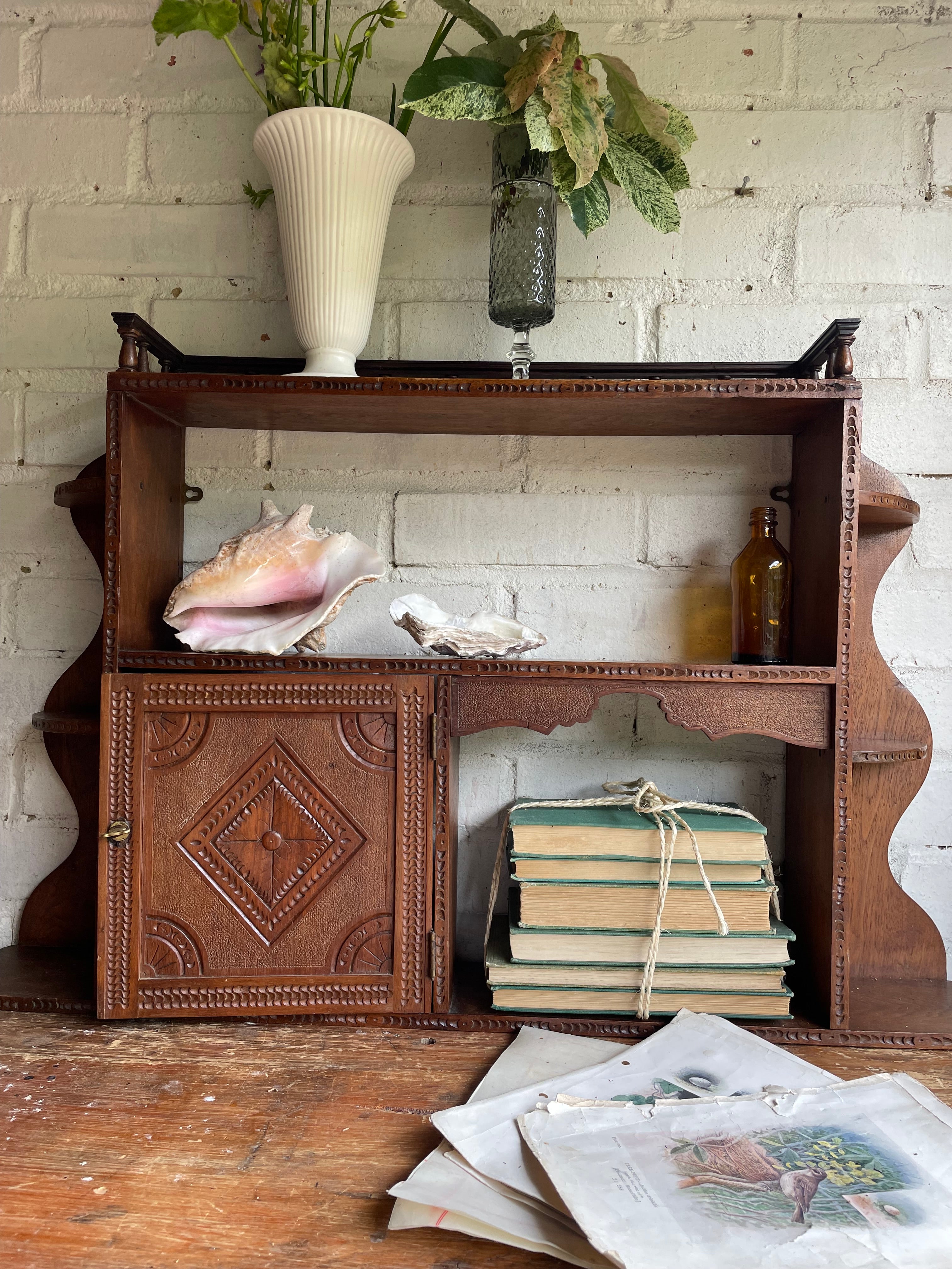 Arts & Crafts Wall Hanging Shelves with Carved Door Circa 1910