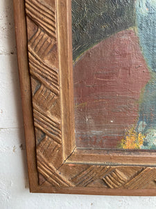 Still Life with Crysanthemums: 1930s French Oil on Board with Original Carved Wooden Frame