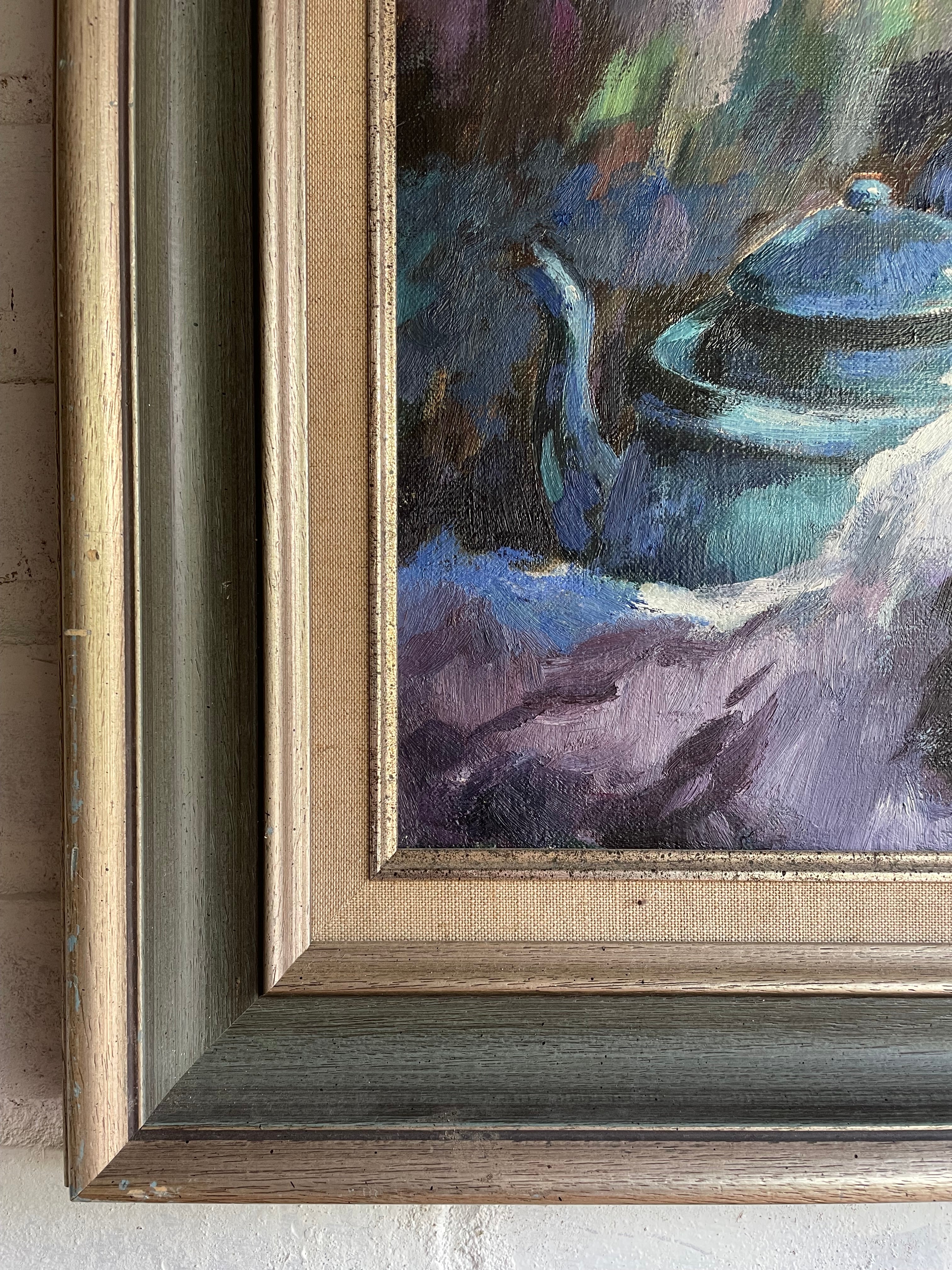 Still Life in Blue: Midcentury Oil on Canvas