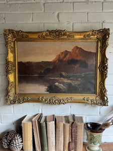 Large Signed 1918 Scottish Landscape Oil on Canvas : “Mountains, Cattle & Lake”