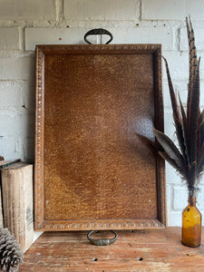 Edwardian Wood Tray with Iron Handles & Carved Decorative Detail