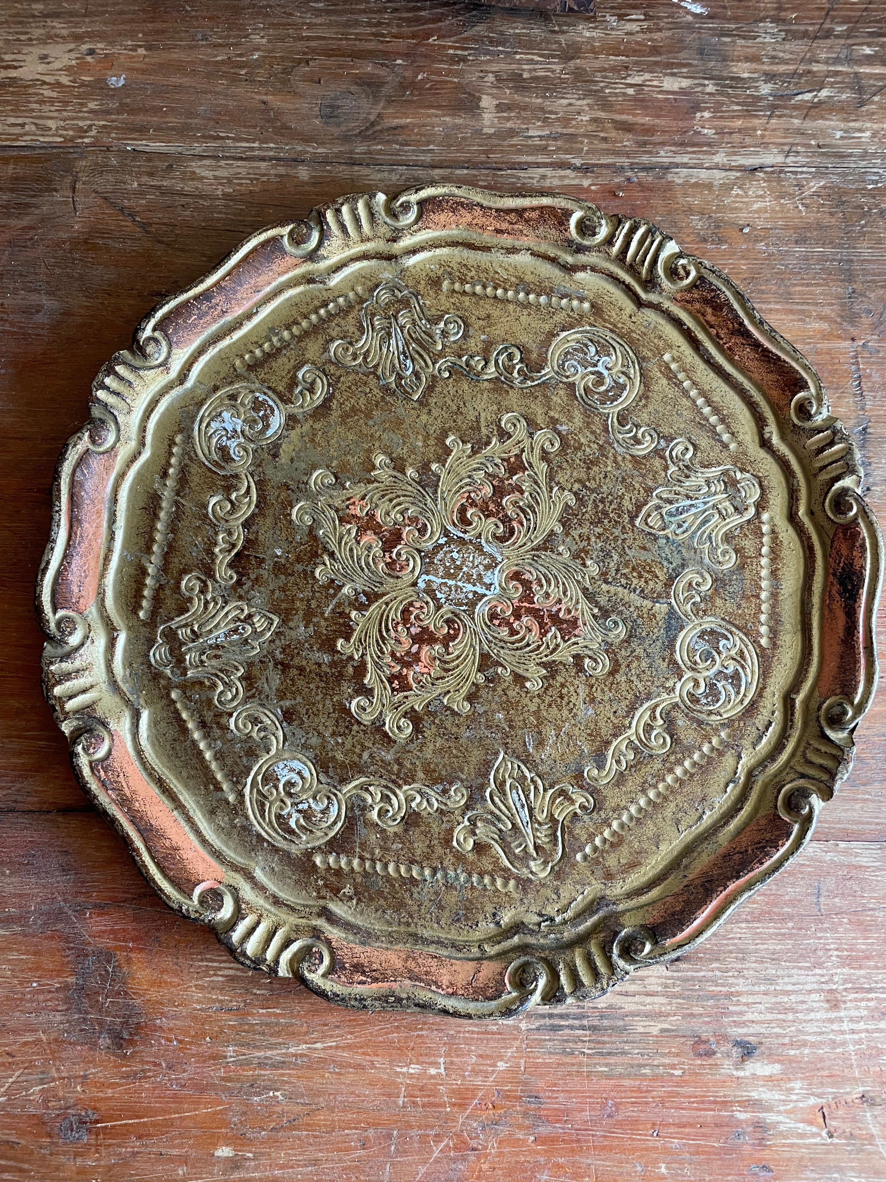 Round Gold Florentine Tray with orange hues