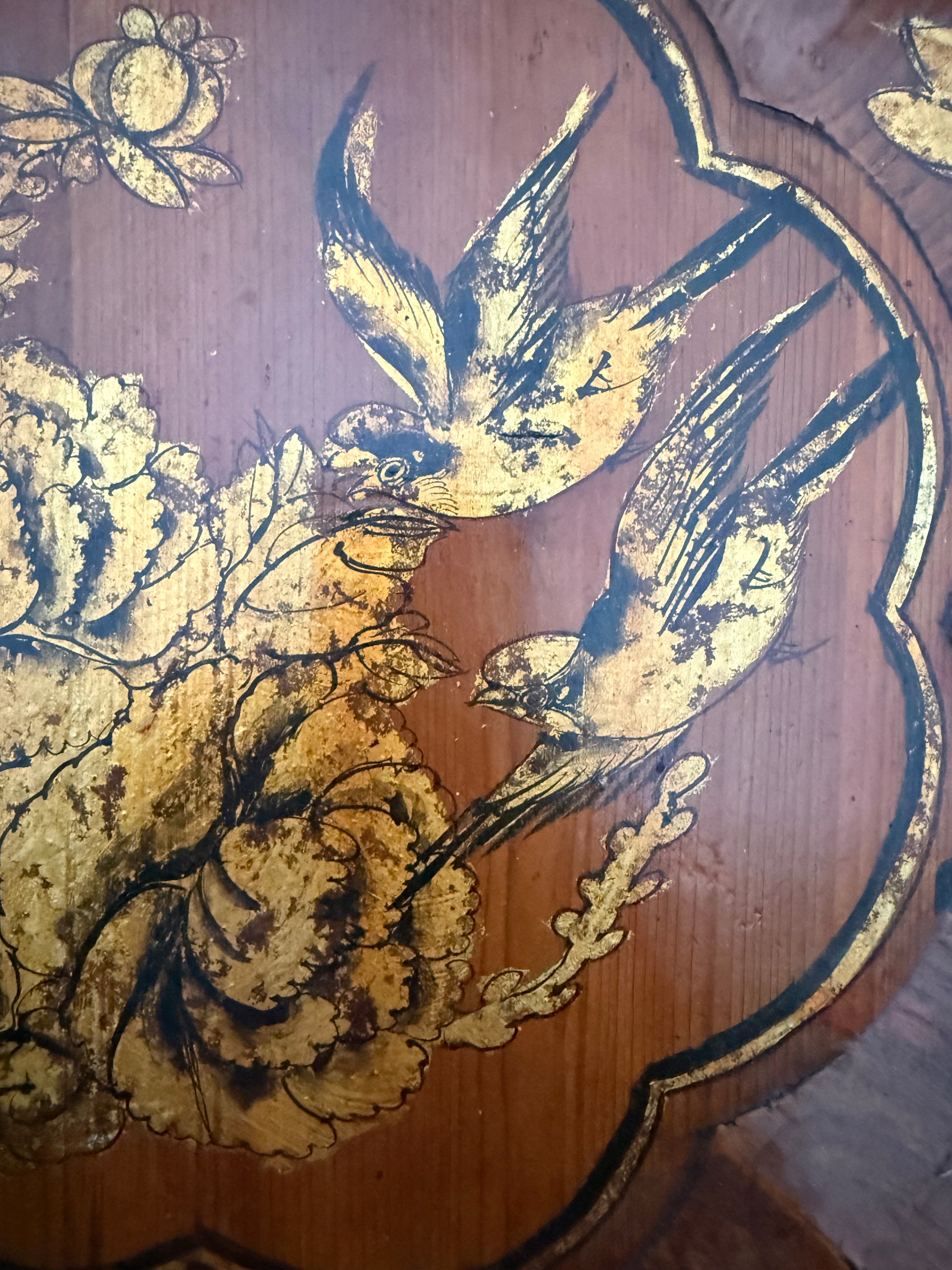 Circa 1890s: Handpainted Gold Leaf Chinese Scalloped Tray With Birds & Flowers