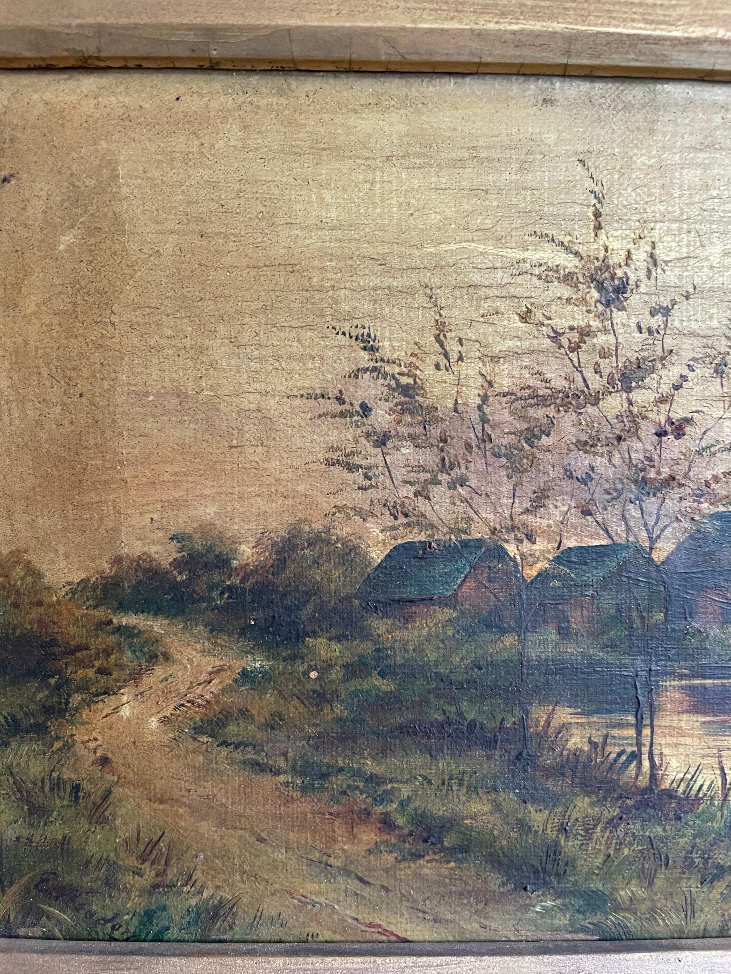 Windmill at Sunset: 19th Century Oil on Canvas