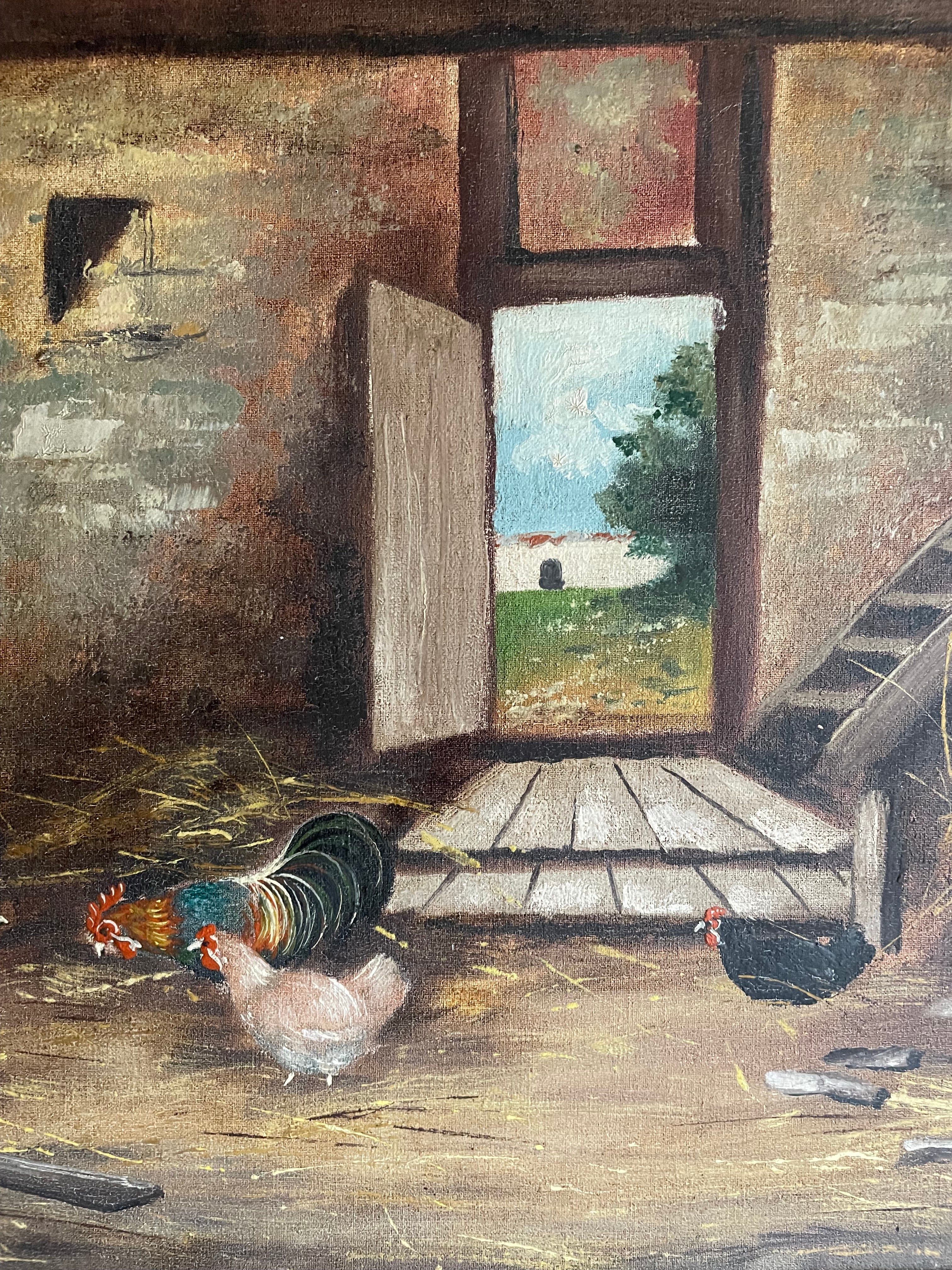 Chickens in a Barn: Vintage Oil on Printed Canvas with Gesso Frame