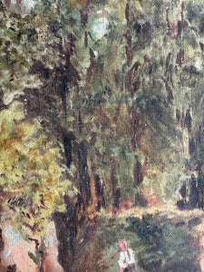 Woman & Dog: Signed & Dated 1916 Oil on Canvas