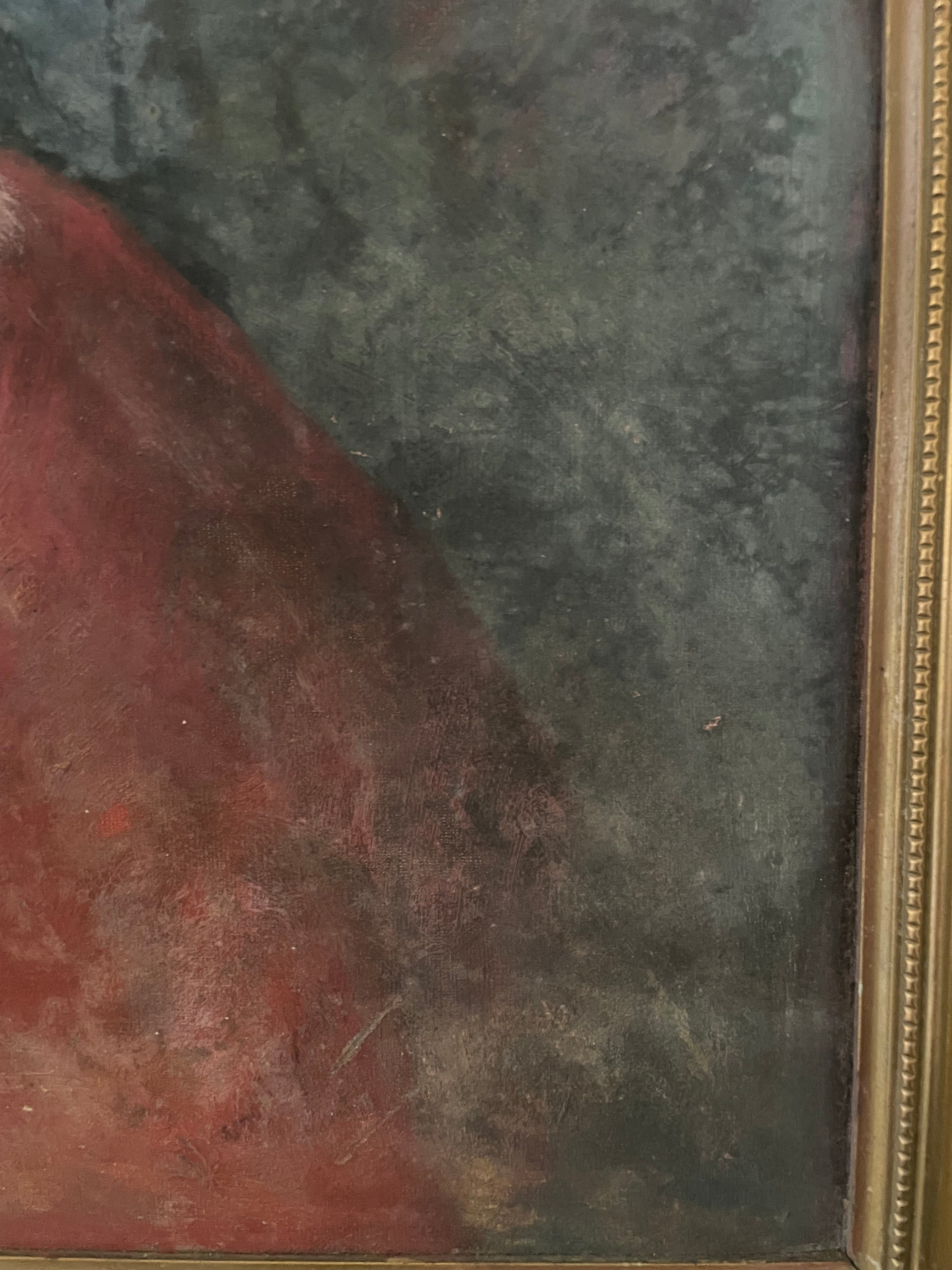 Impressionist Style Portrait with Feather Cape: Mid 20th Century Oil on Board