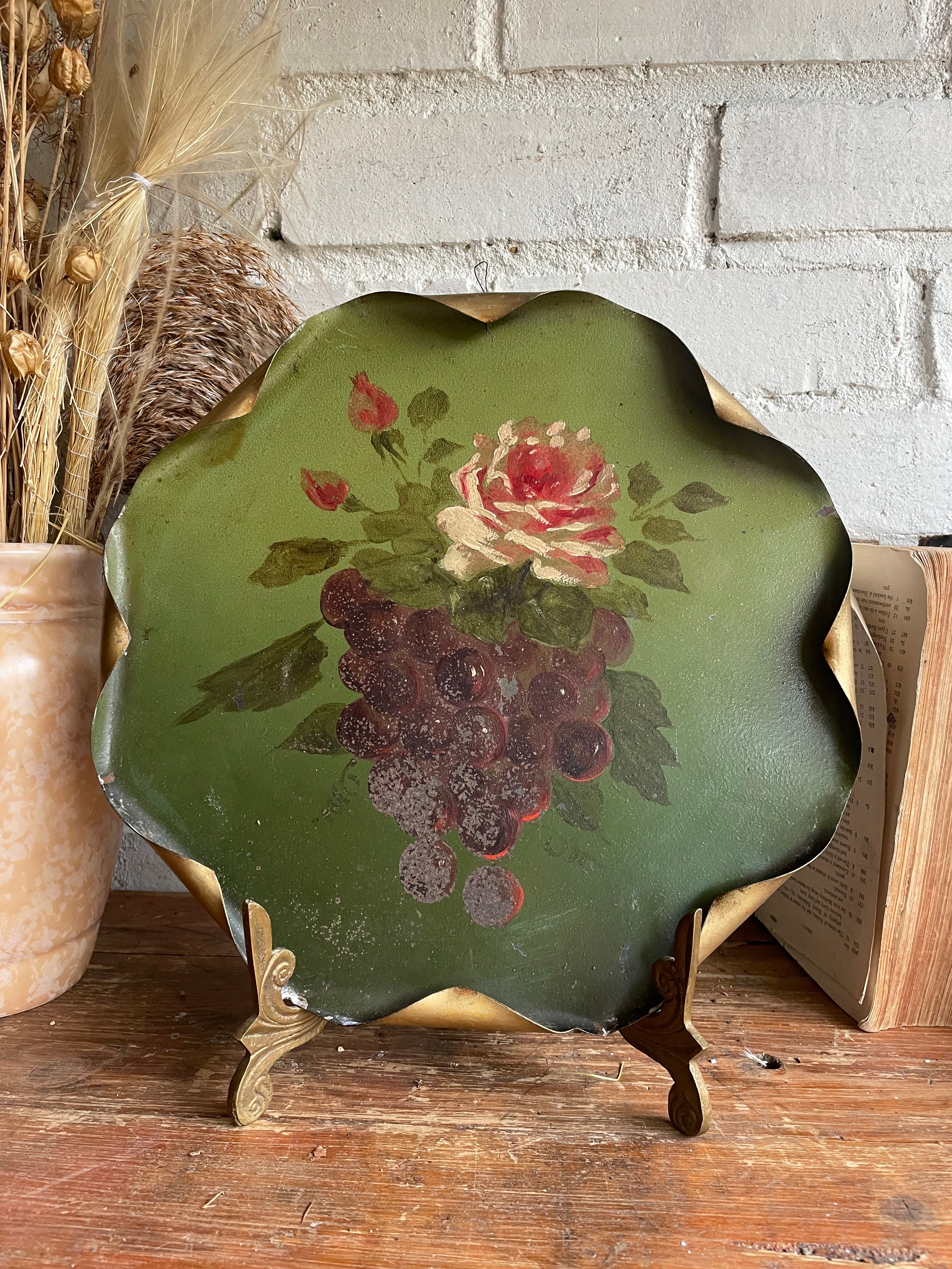 Green Toleware Plate with Handpainted Red and Cream Rose & Grapes