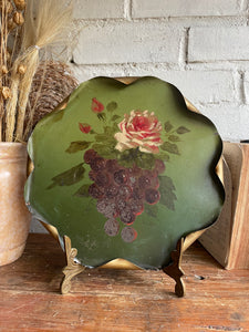 Green Toleware Plate with Handpainted Red and Cream Rose & Grapes