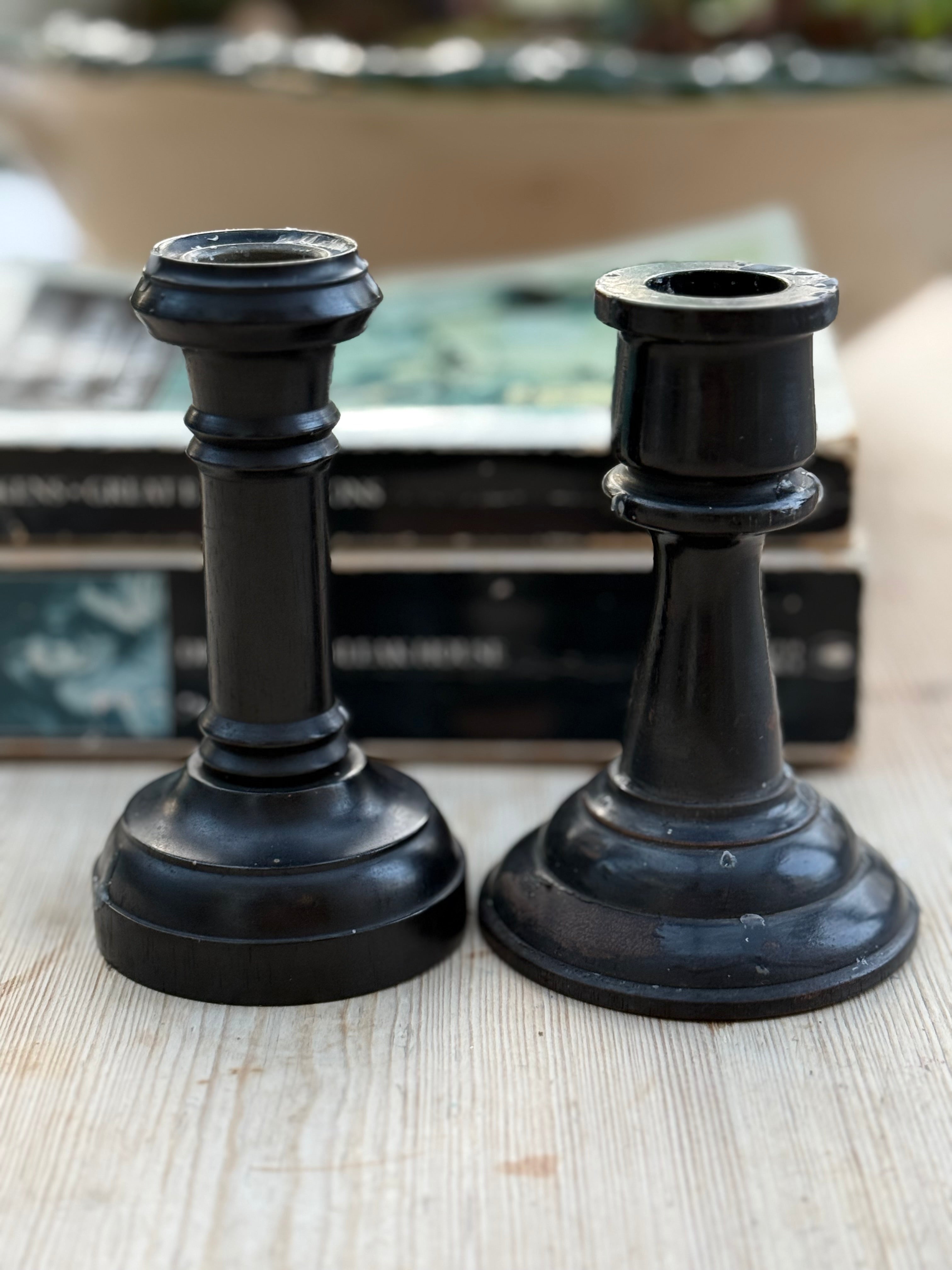 Circa 1880s: Mismatched Small Ebony Wooden Candlesticks