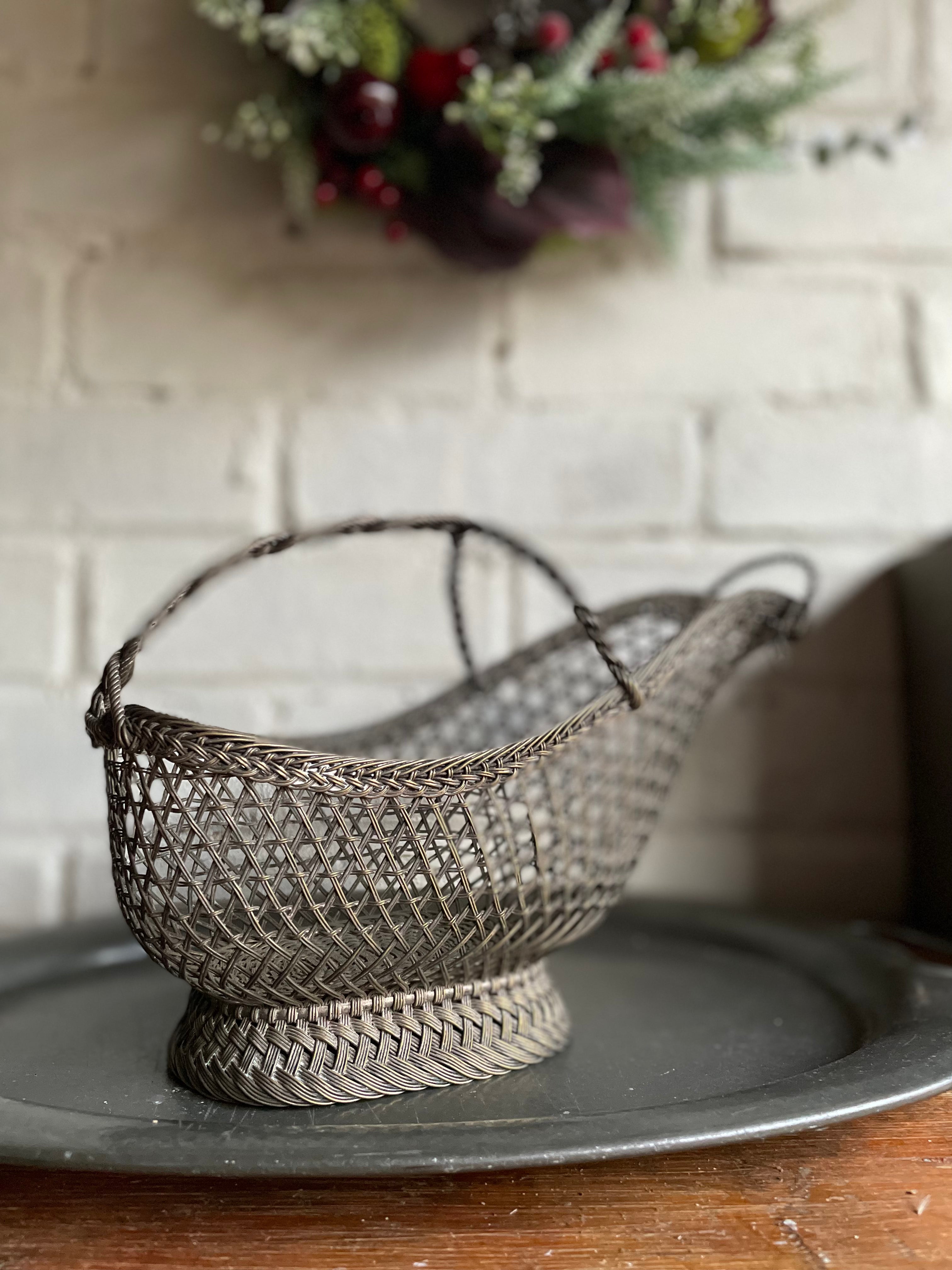 French Vintage Silver Plated Wire Basket Bottle Holder
