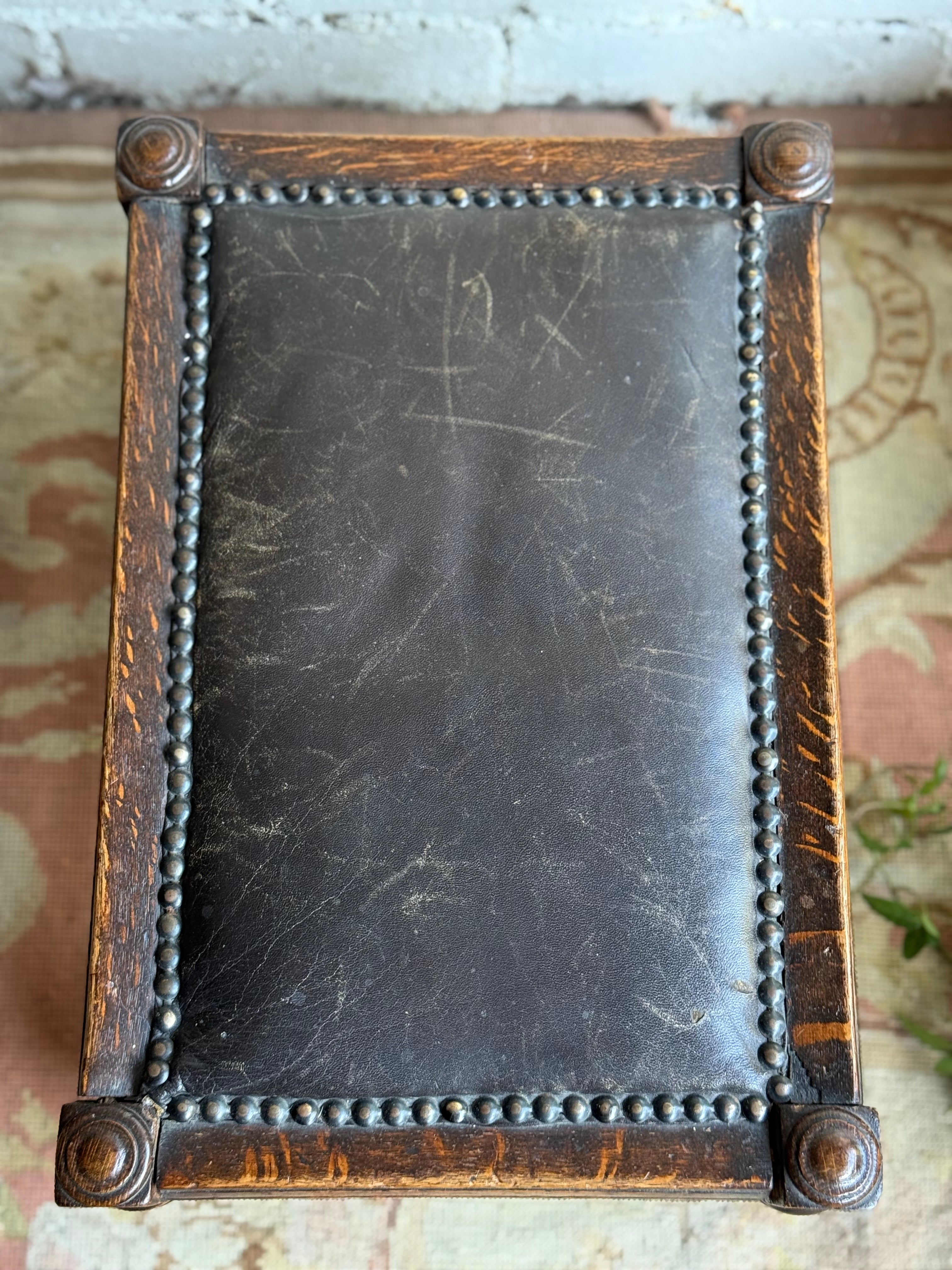 Early 1900s Edwardian Footstool with Studded Leather Seat