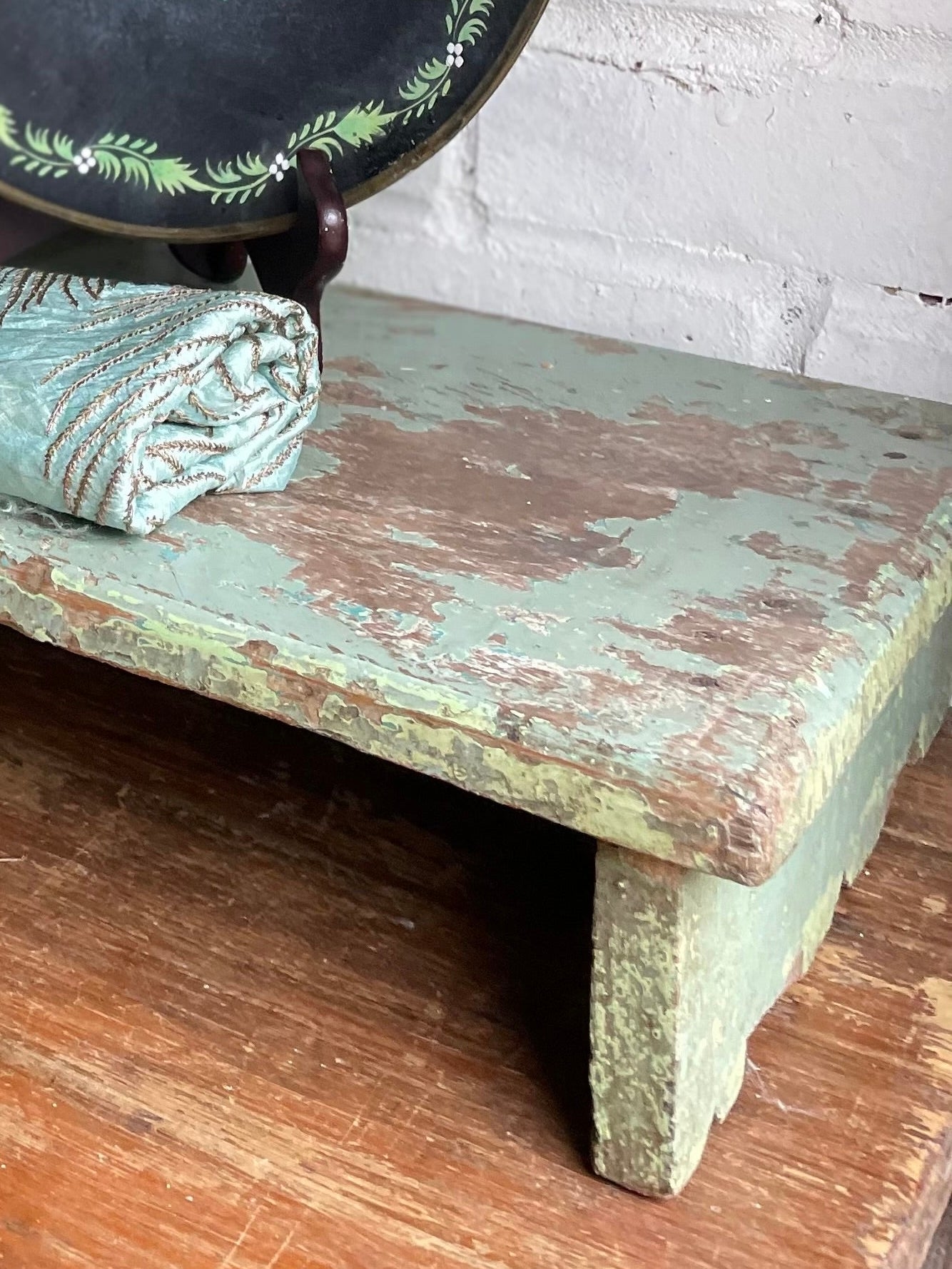 Rustic Painted Wooden Low Stool or Display Stand