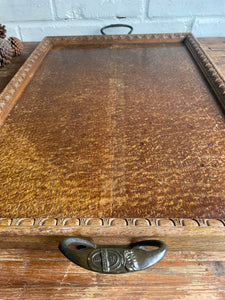 Edwardian Wood Tray with Iron Handles & Carved Decorative Detail