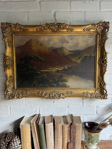 Large Signed Turn of the Century Scottish Landscape Oil on Canvas : “Mountains & Sheep”
