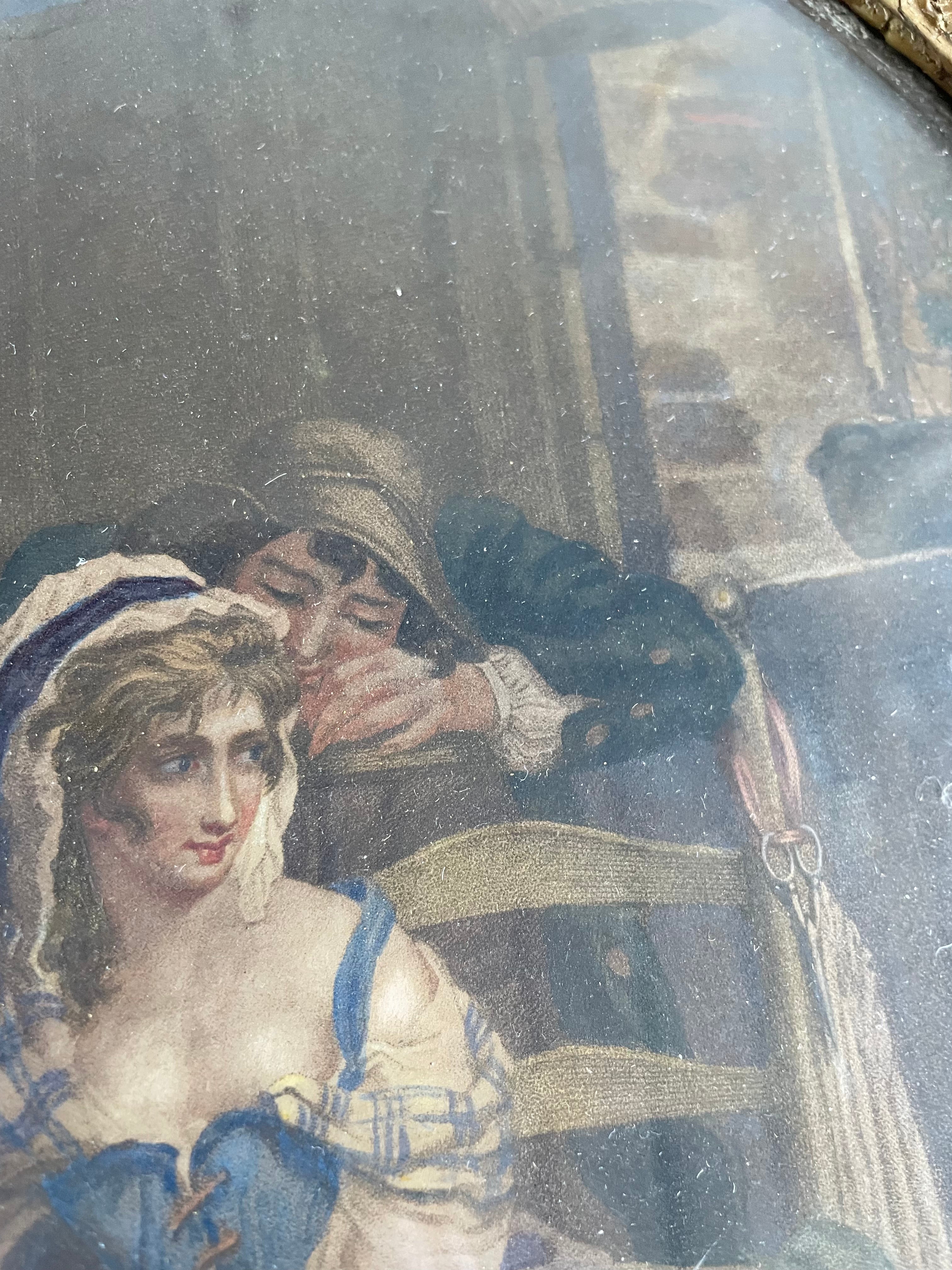 19th Century Framed Lithographic Print with Gilt Frame and Rope Tie: Country Kitchen Scene