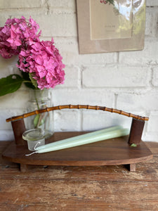 Midcentury wooden platter with bamboo handle