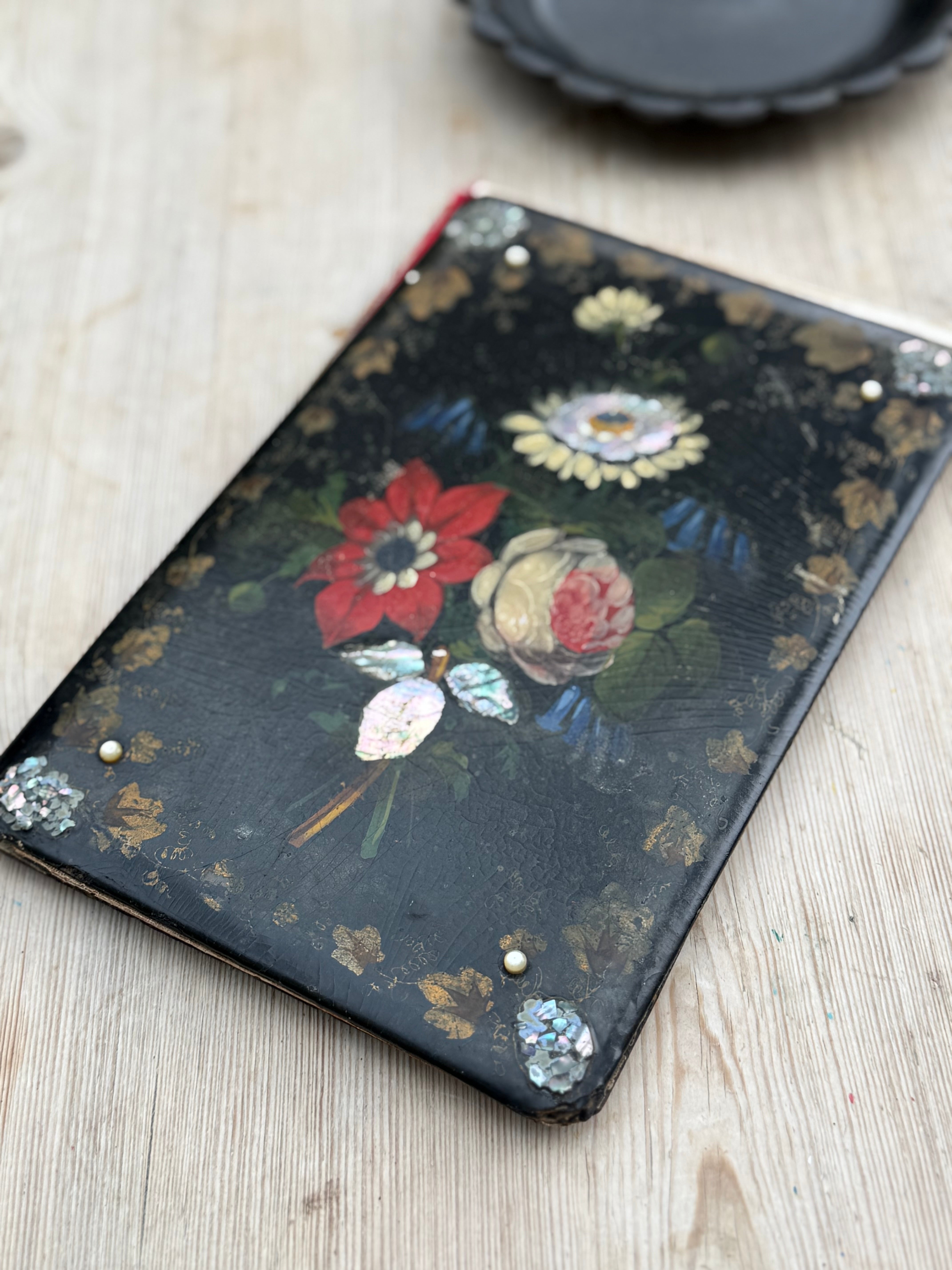 Circa 1890: Hand-Painted Papier Mache Blotting Pad with Mother of Pearl