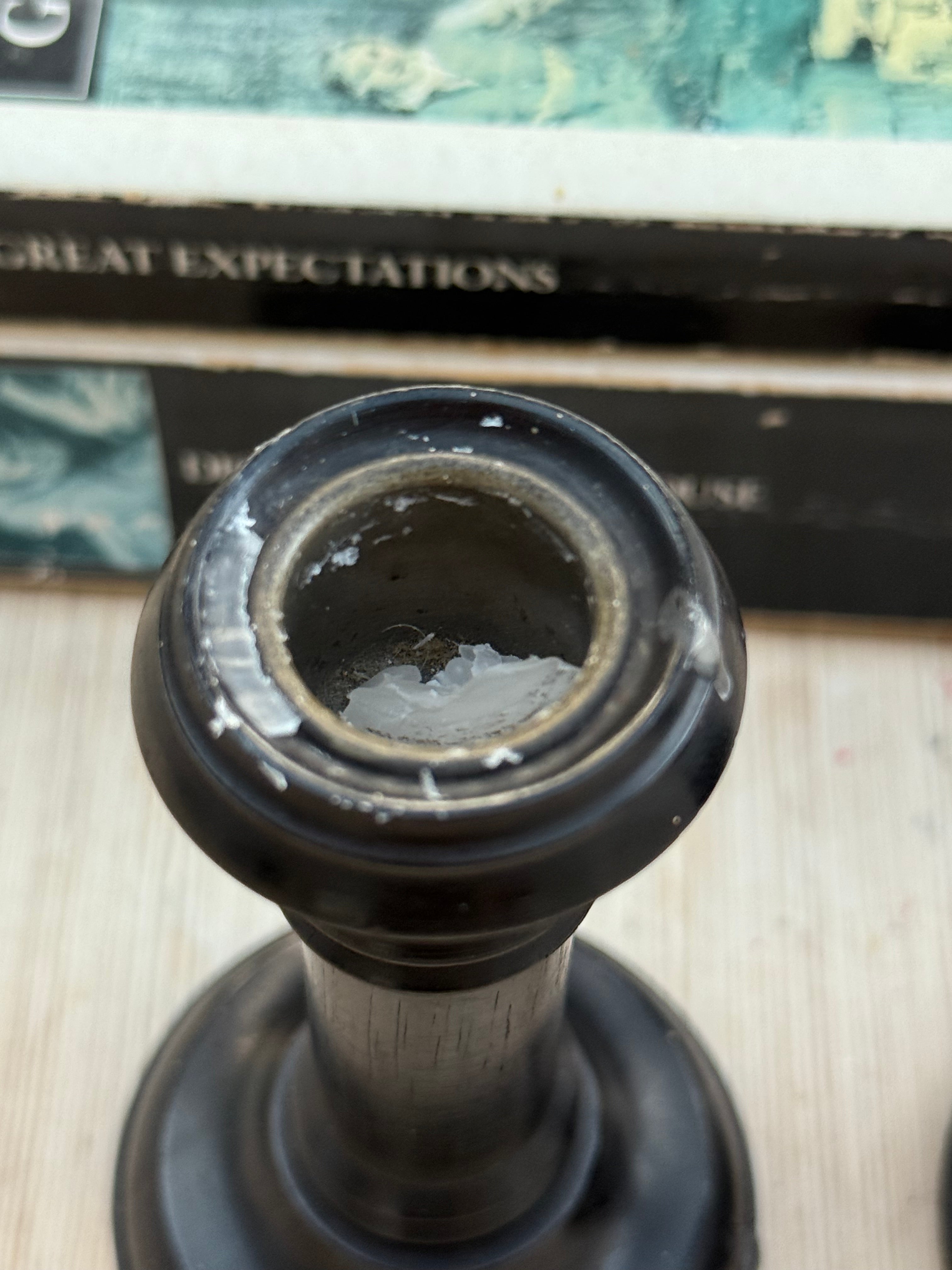 Circa 1880s: Mismatched Small Ebony Wooden Candlesticks