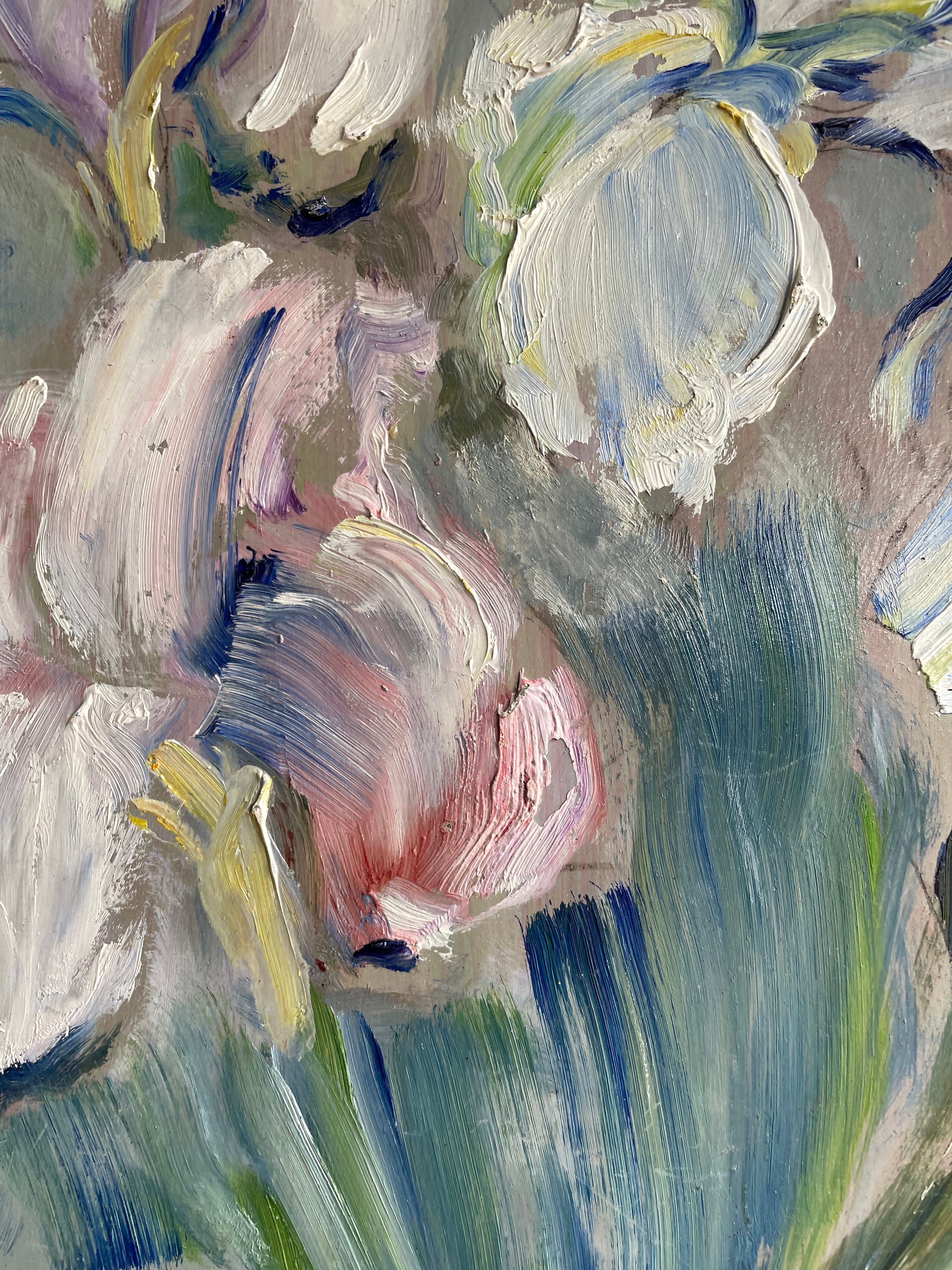 Irises: Vintage Oil on Wood Board