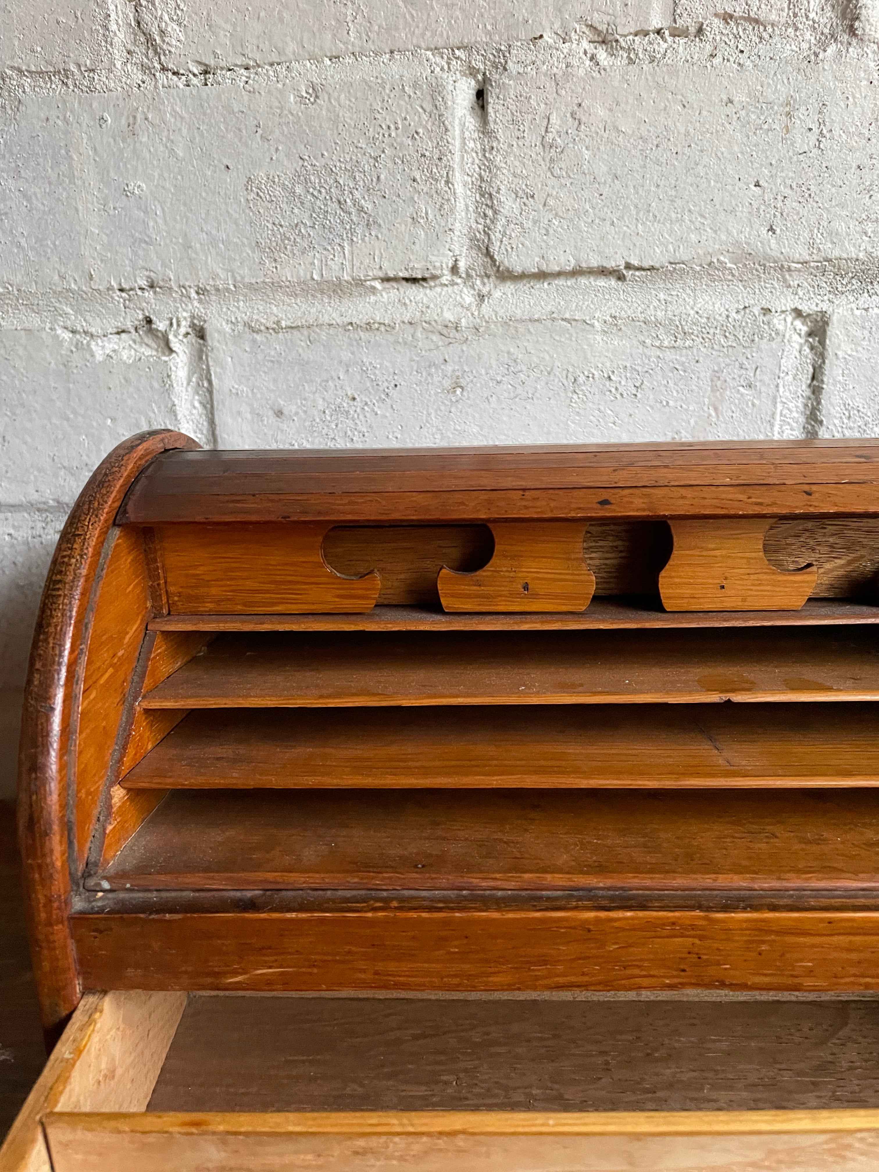 19th Century Oak Tambour Roll Top Stationary Cabinet