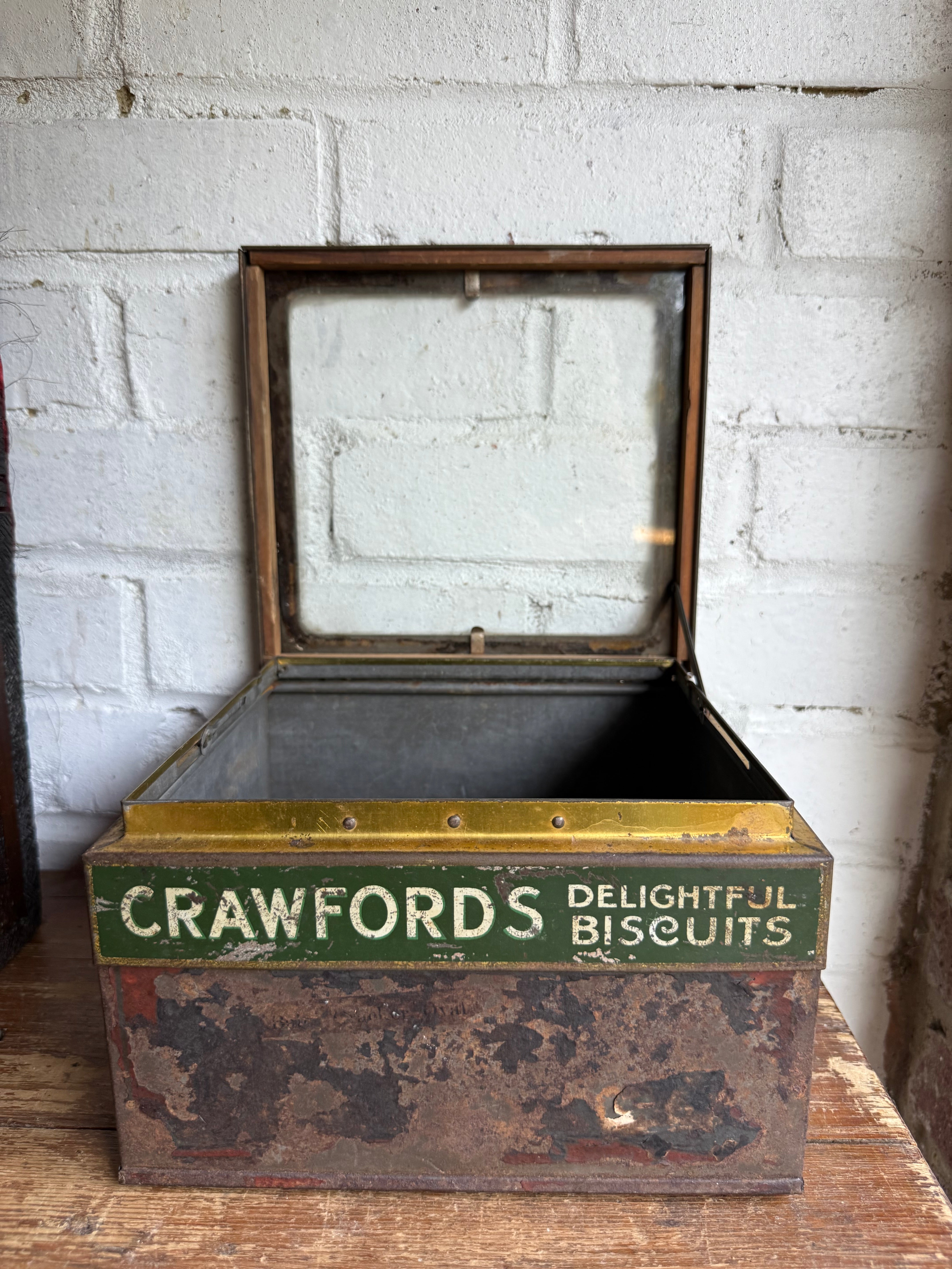Rare Antique Crawfords Biscuit Shop Counter Display Tin with Glass Top Lid