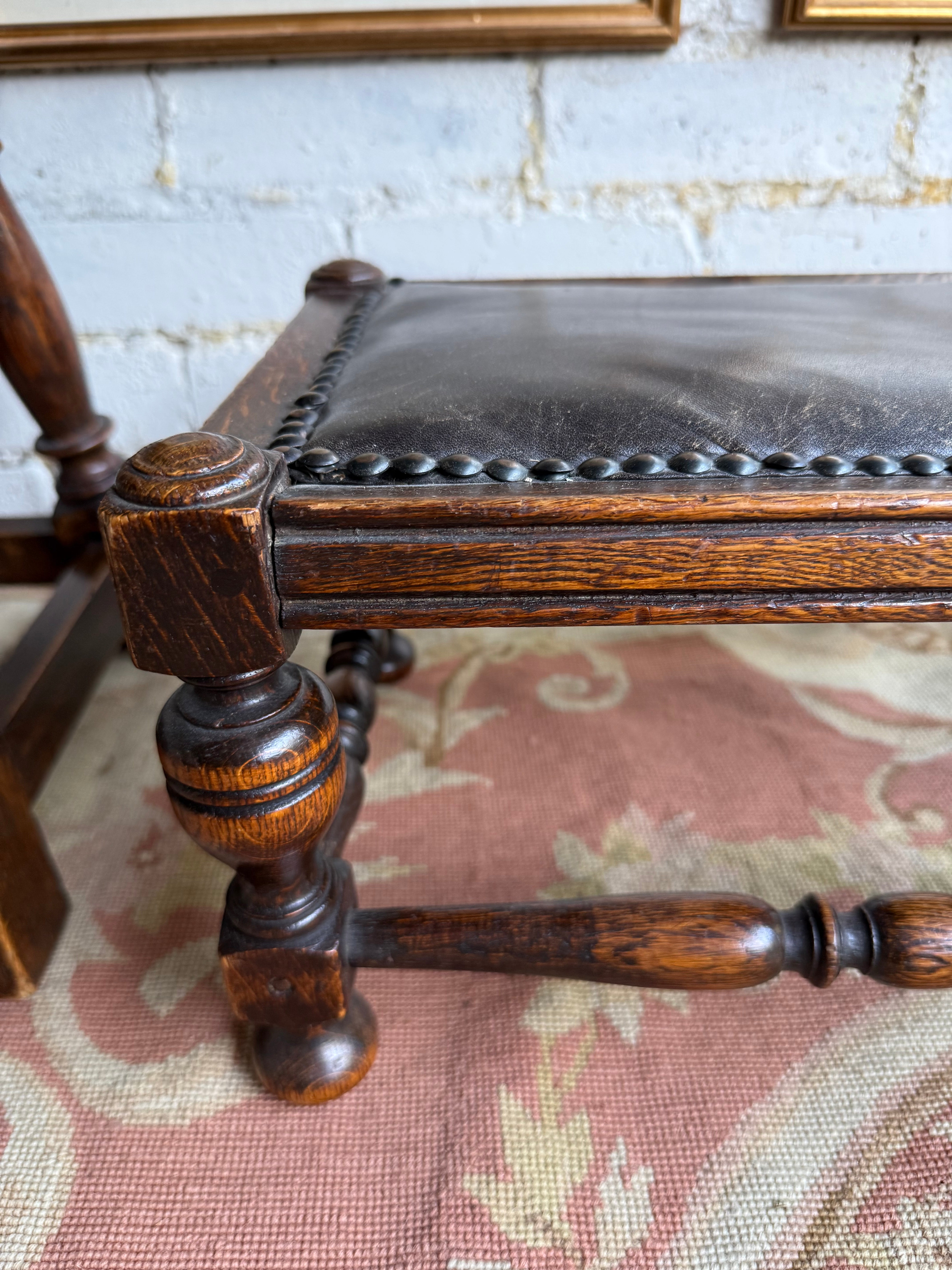 Early 1900s Edwardian Footstool with Studded Leather Seat