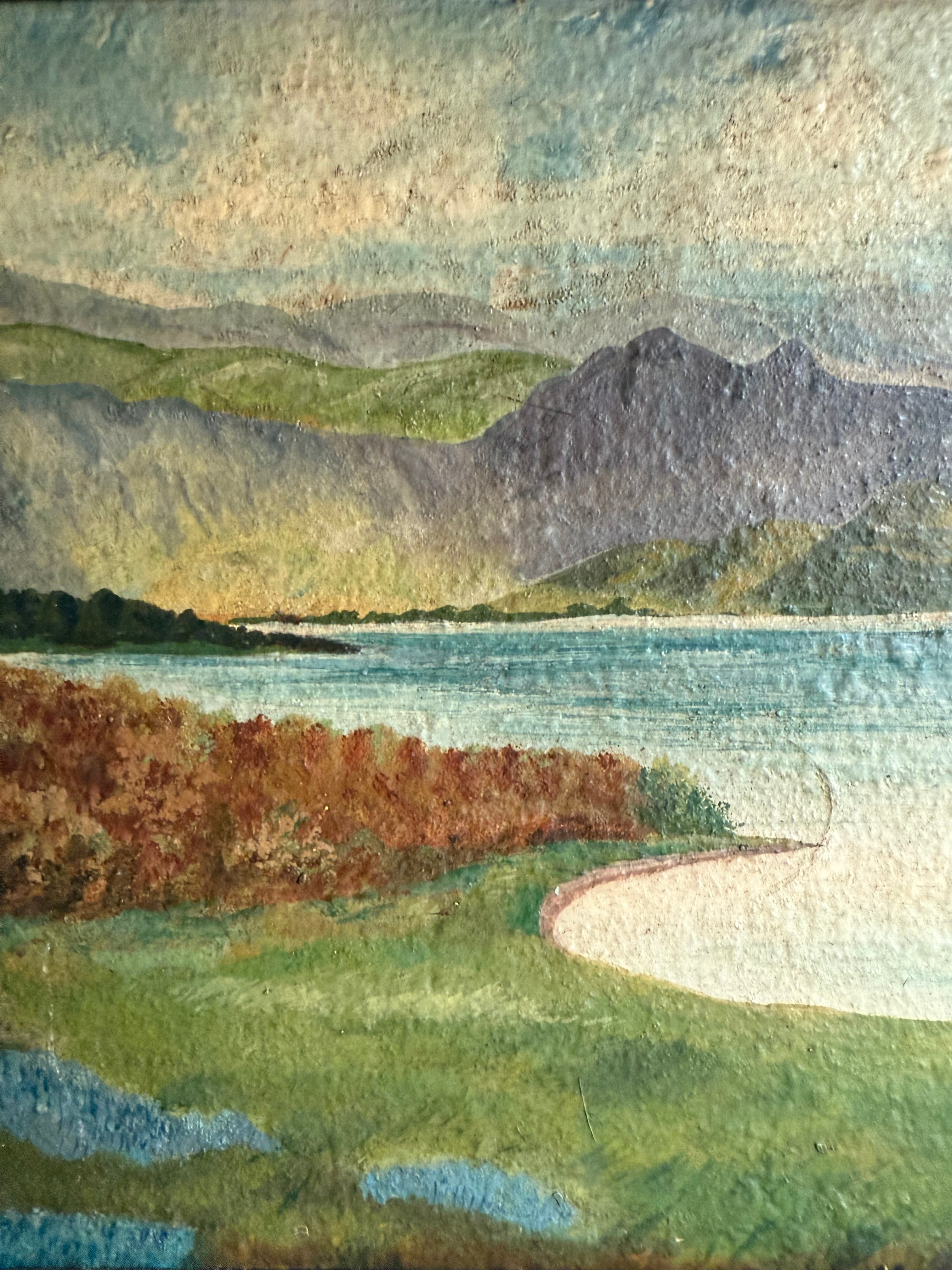 A view of the Lake: Victorian Landscape Oil on Wood Panel