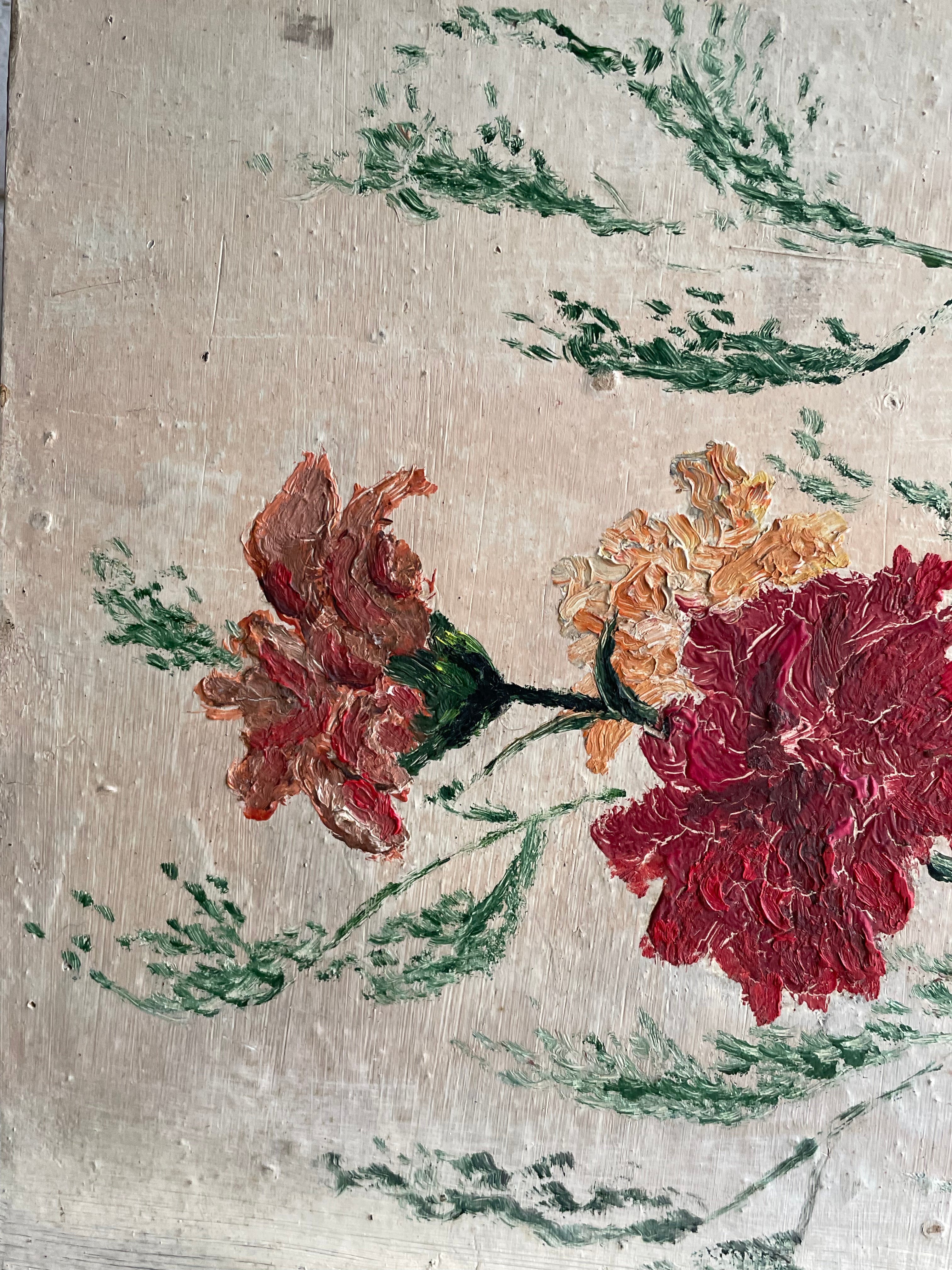 Red Dahlias: Vintage Oil on Wood Panel