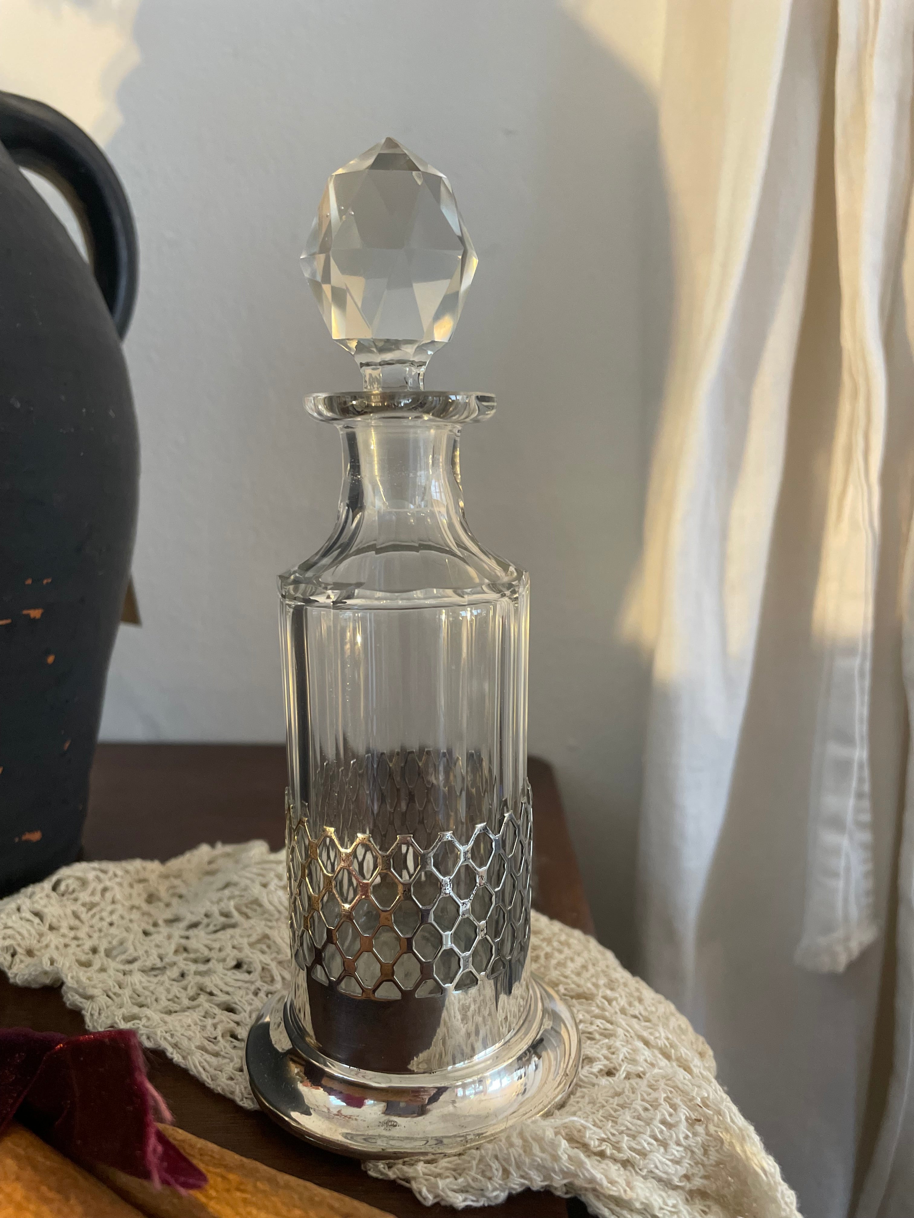 Small Edwardian Perfume Bottle With Silver Plate Holder. Was £30 now £15 at checkout