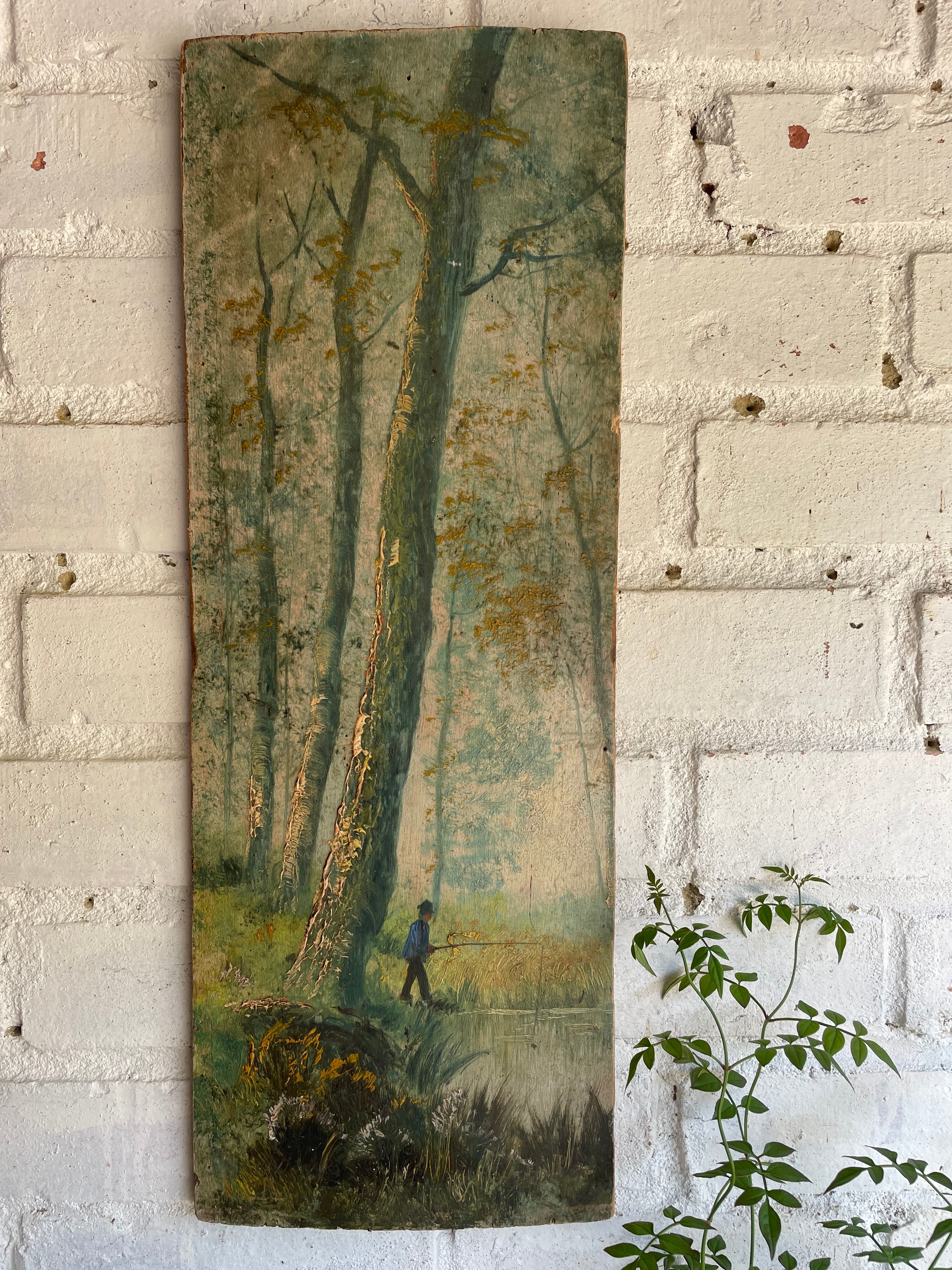 A fisherman amongst the trees: 19th Century Unframed Oil on Wood