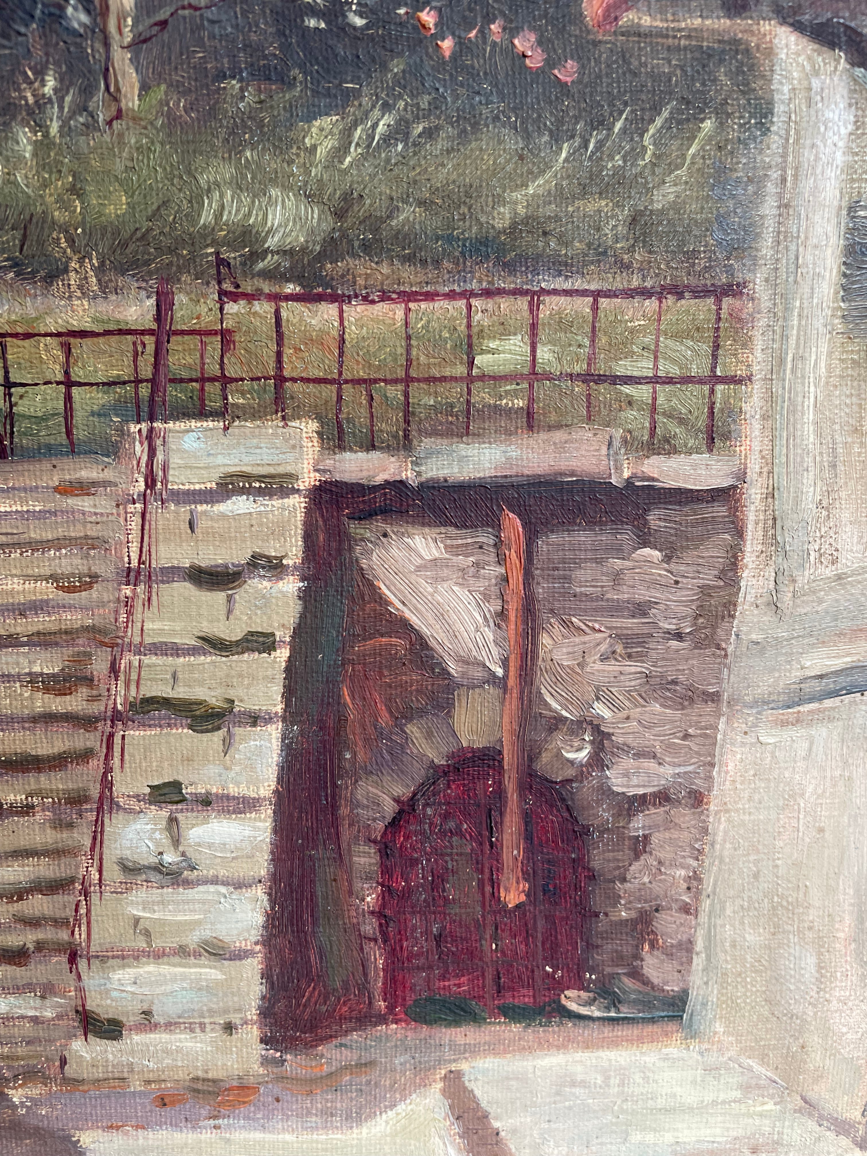 Steps to the Garden: French Oil on Canvas Signed & Dated 1912